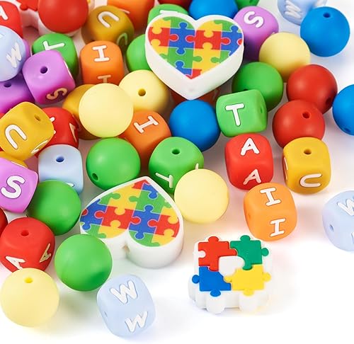 Miniatura 8 de Spritewelry 54 cuentas de silicona para concientización del autismo, cubo de letras de goma, rompecabezas de corazón arco iris, cuentas de silicona