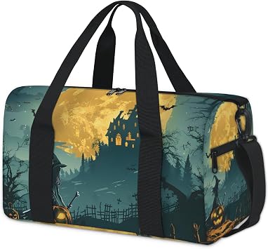 Gym Bag for Women Men Funny Halloween Weekender Overnight Workout Travel Duffle Sports Tote Moon Castle Waterproof Foldable Sports Bag