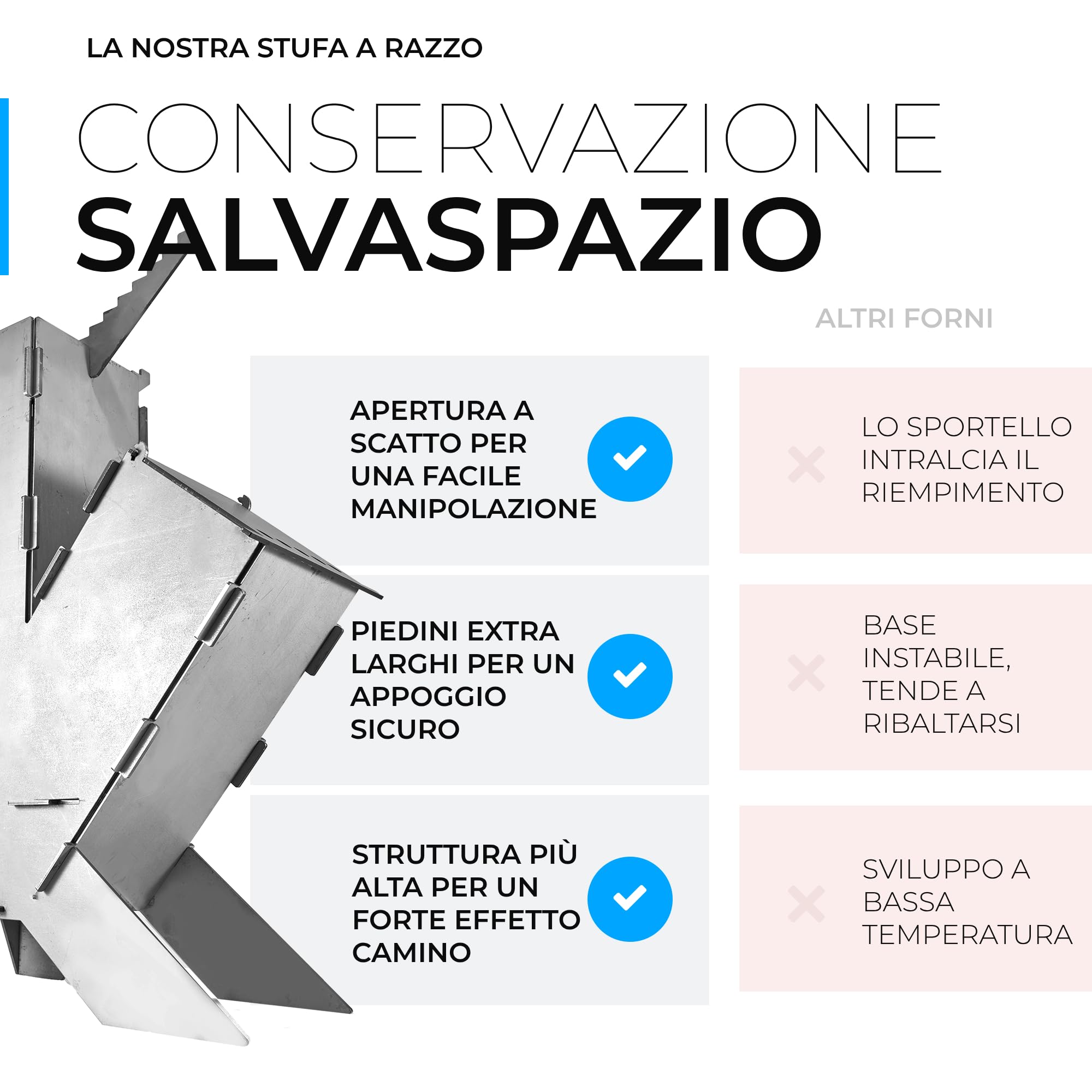 GRAFT Forno a razzo con piastra grill Rocket Stove, sistema a incastro in acciaio spesso 3 mm, braciere a pellet, forno a legna, fornello da campeggio, barbecue a legna