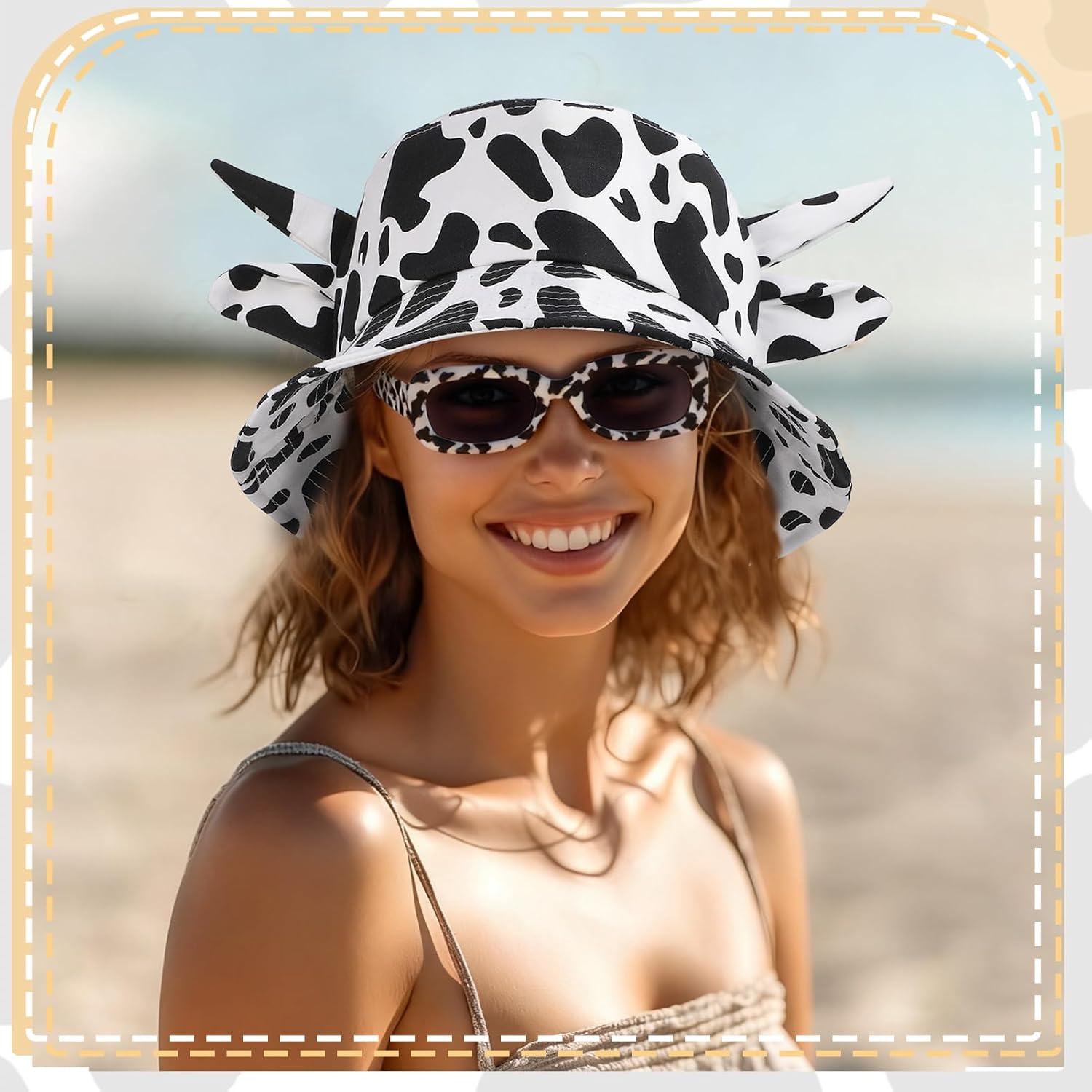 Cow Print Bucket Hat Summer Fisherman's Hats with Cow Patterned Glasses, 1 Hair Scrunchy and 1 Head Tie Black