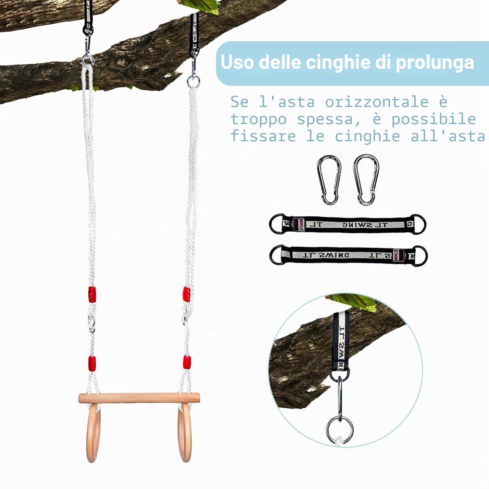 Altalena Da Giardino per Bambini,Seggiolino Altalena Bambini Altalena Legno Anelli per Ginnastica Anelli per Bambini Fitness Ring 220Lbs/100kg (Lunghezza Della Fune Regolabile