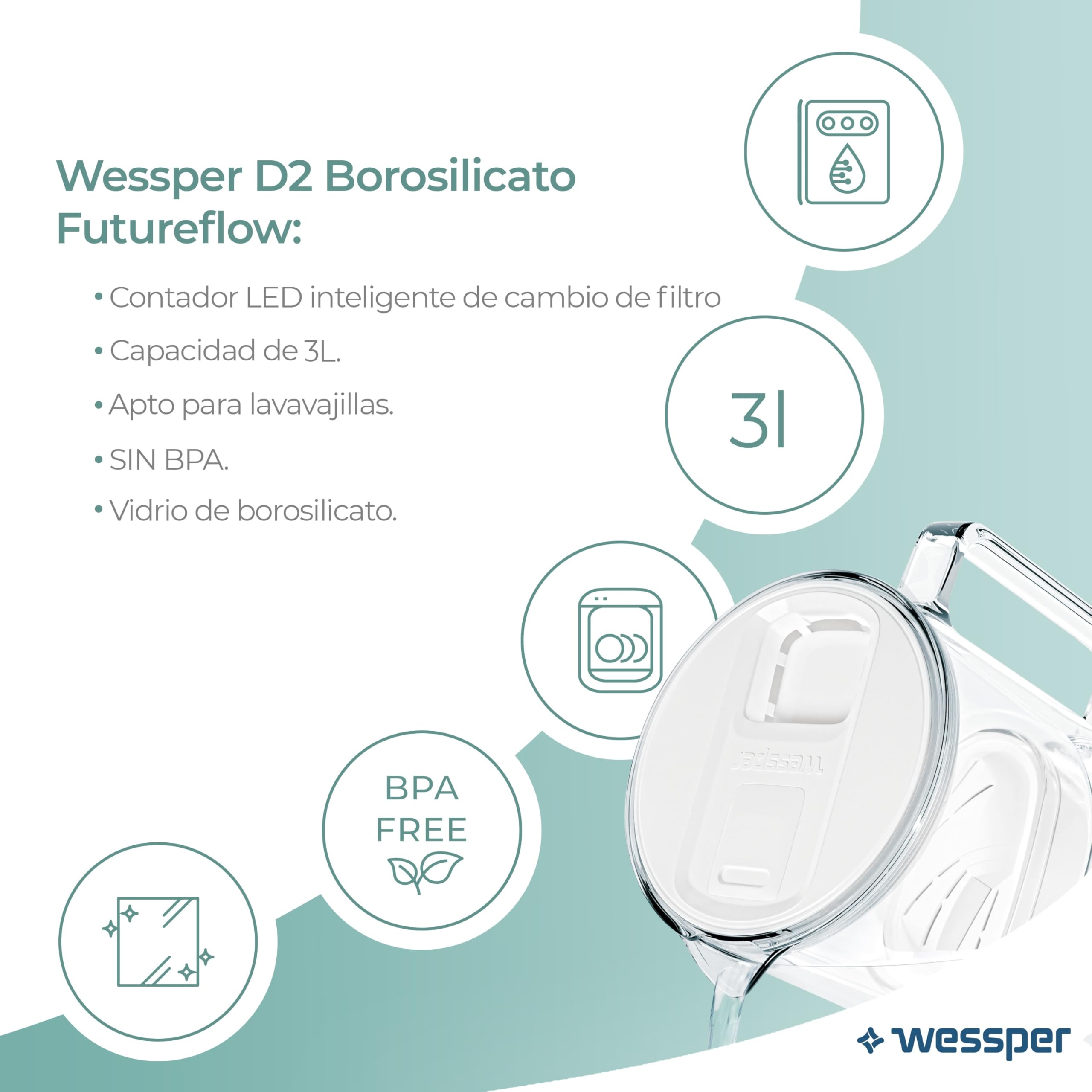 Wessper Jarra Filtradora de Agua con Indicador LED, 3 Litros, Jarra Agua Cristal, Jarra con Cartucho Filtro Agua, Filtro de Agua, sin de BPA "BPA FREE" - Menta