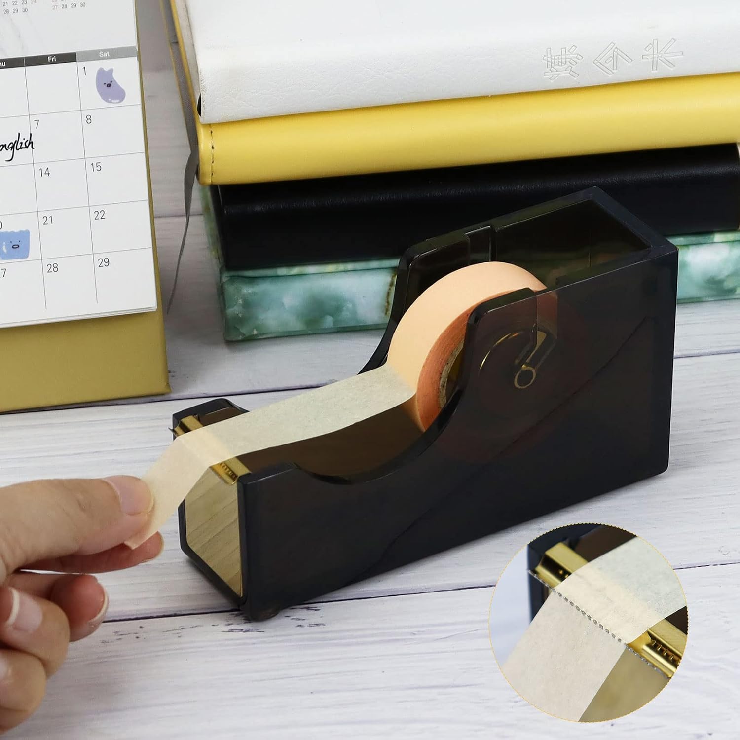 Buqoo 1-Inch Core Clear Acrylic Black Tape Dispenser, Heavy Duty Stapler with 950Pcs 24/6 26/6 Black Gold Staples, Scissors for Stationery Desk Set School Home N Office Supplies