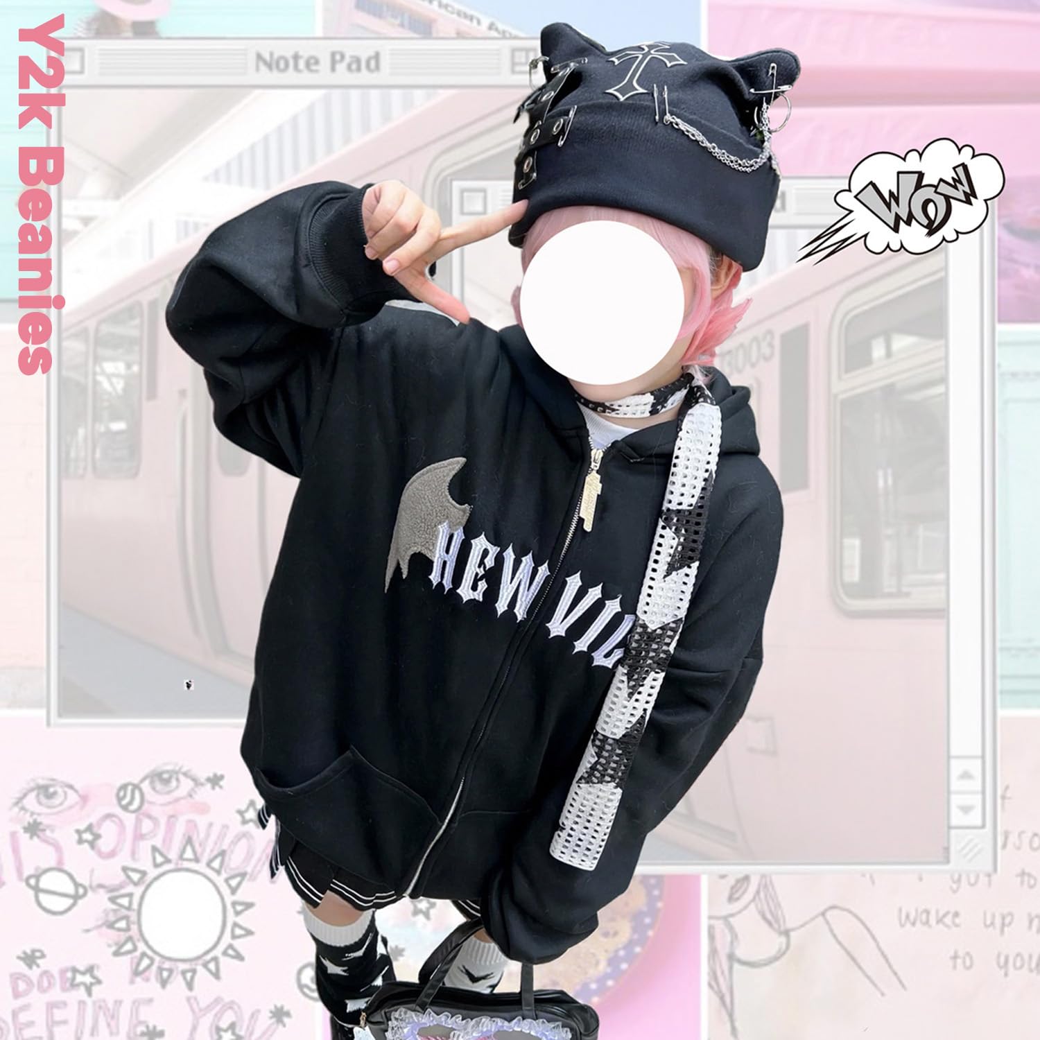 THESSNCE Goth Cat Beanie Goth Hat Accessories Punk Cat Ear Beanie Hat for Women Y2k Grunge Gothic Beanies Knitted Hat Streetwear Black