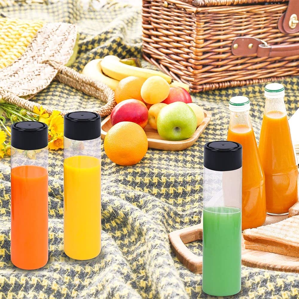 Bottiglie riutilizzabili per frullati, confezione da 12 bottiglie in plastica PET trasparente con coperchio nero, perfette per succhi di frutta e latte fatti in casa, 500 ml