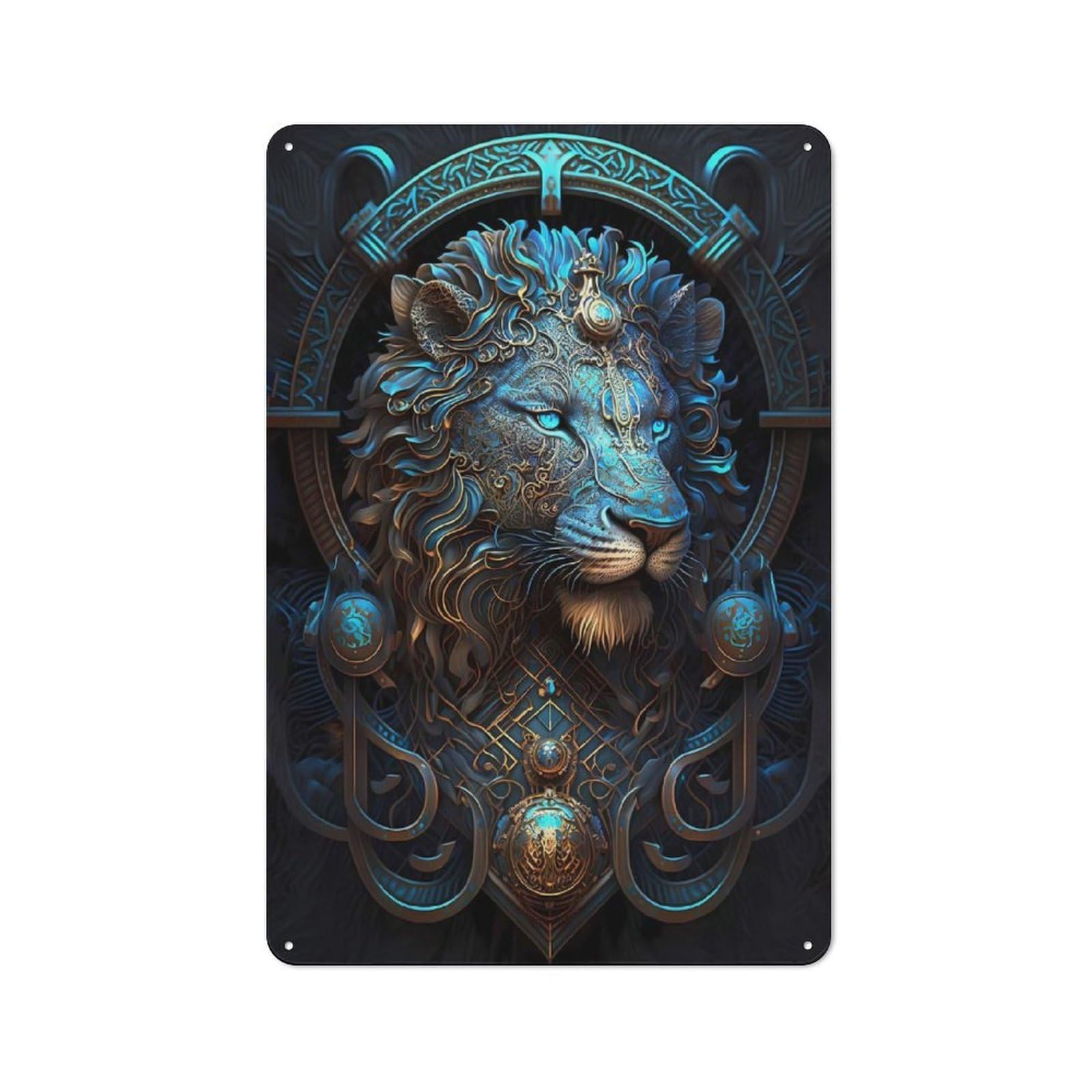 Junmoney Style-13 Mystical Cosmic Blue Lion Rustic Metal Sign 30X20cm For Garden Room Or Summerhouse, For Themed Interiors In Garden Rooms And Summerhouses