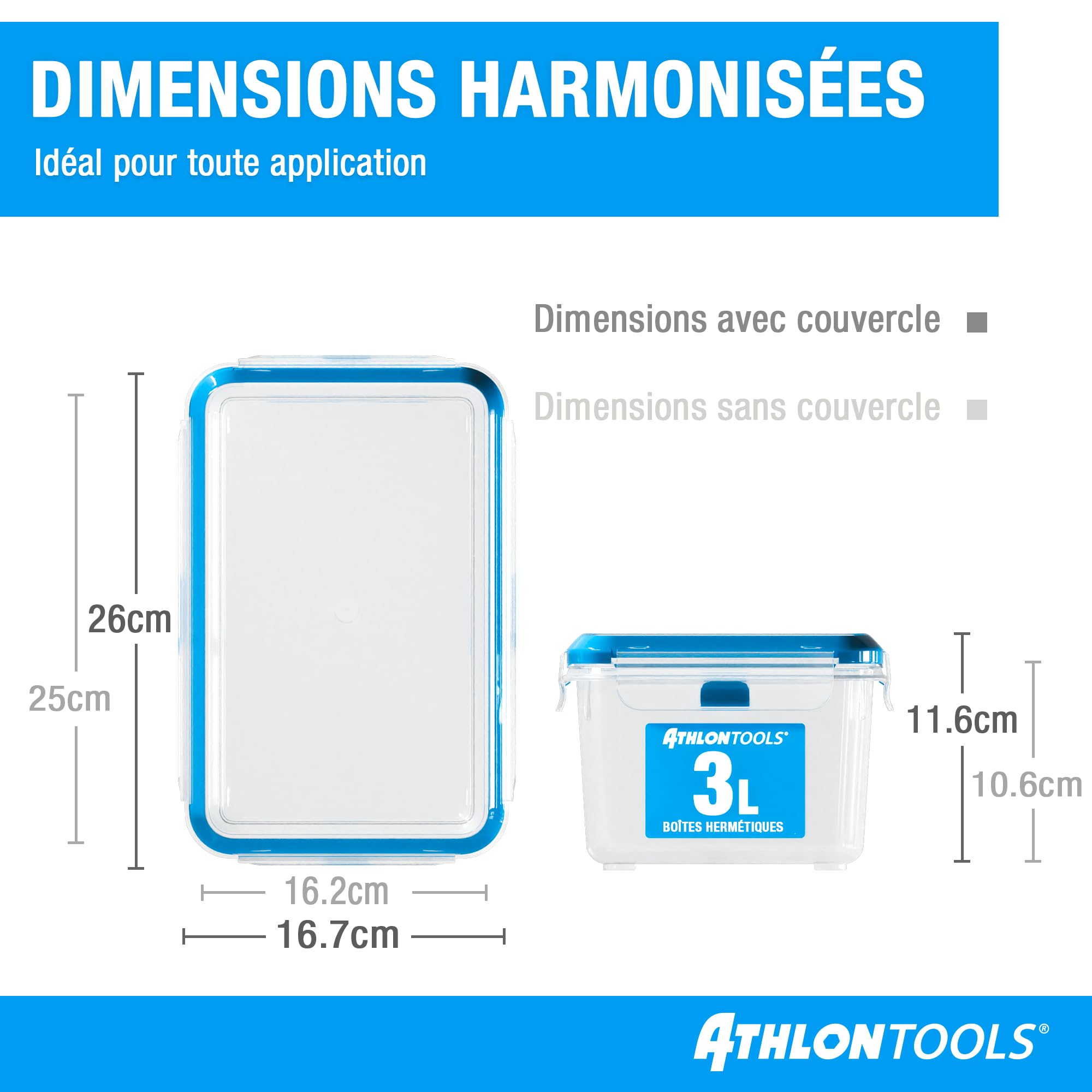 ATHLON TOOLS Lot de 4 boîtes de conservation de qualité gastronomique de 3 L - 100% hermétiques et étanches - de -40 à +100 degrés - pour tous les aliments - Sans BPA - Boîtes de conservation pour