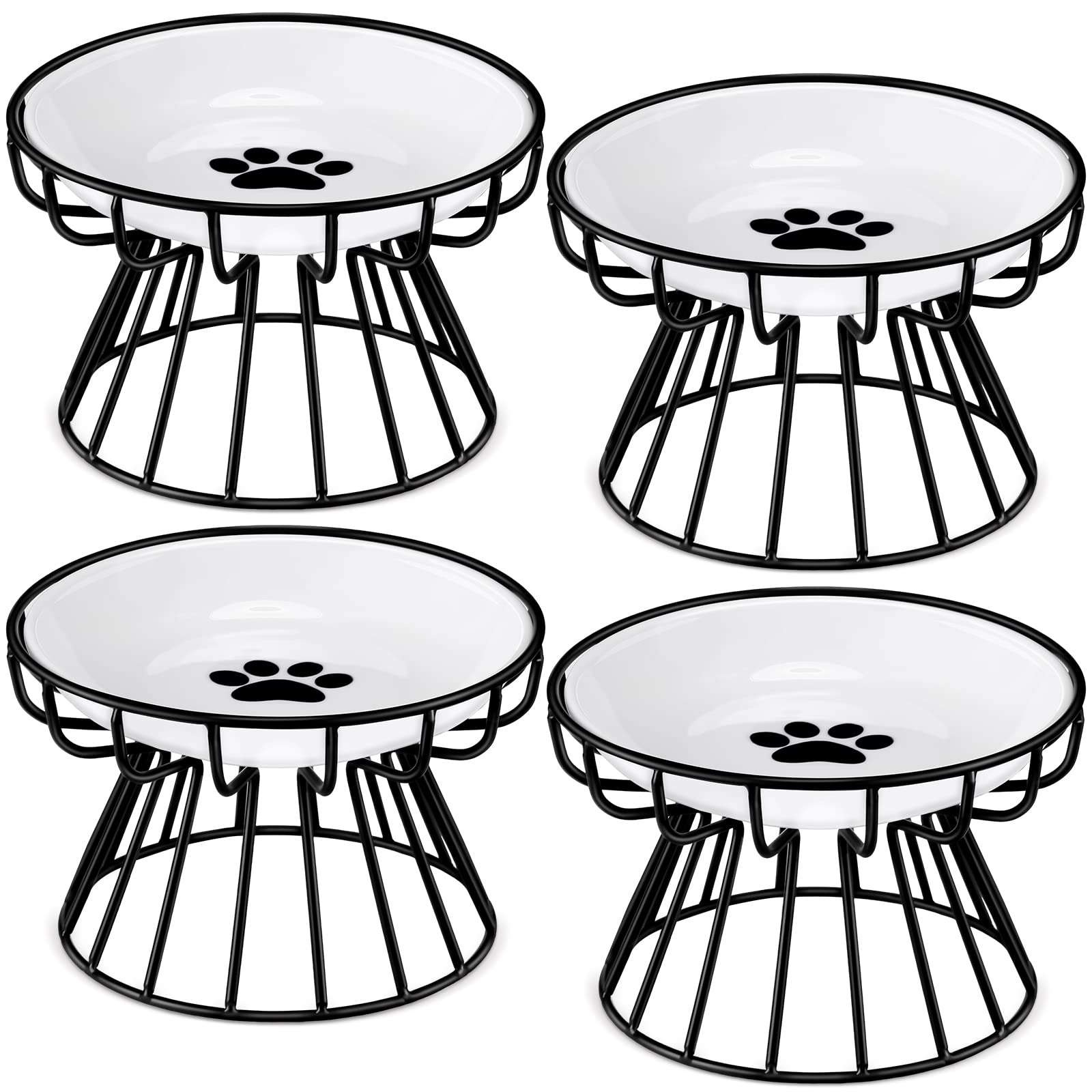 Roshtia 4 Sets Elevated Cat Bowls Ceramic Raised Cat Food Bowls with Metal Stand Dishwasher Safe Cat Dishes Non Slip Elevated Cat Plate Cat Food Plate for Cats Small Dogs (Black,Paw)