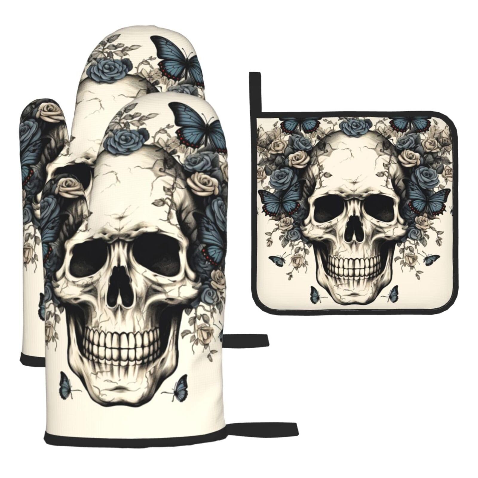 Skull Butterfly Retro Gothic Skeleton Printed Oven Mitts And Pot Holders Sets Oven Mitts Heat Resistant Oven Gloves For Cooking Baking Kitchen BBQ