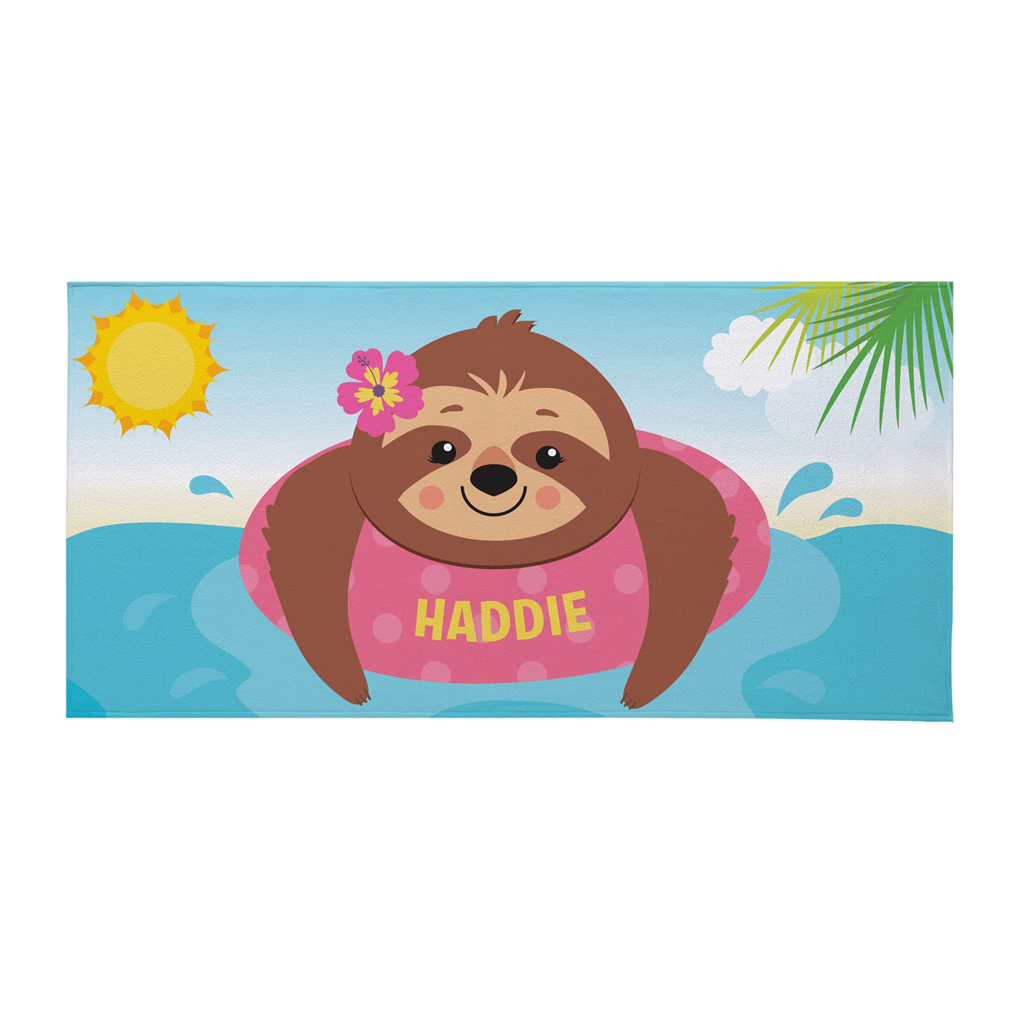 Let's Make Memories Personalized Sunning Sloth Beach Towel - Customized Towel - for Kids Summer Fun – Pink - 30" Wx60 L