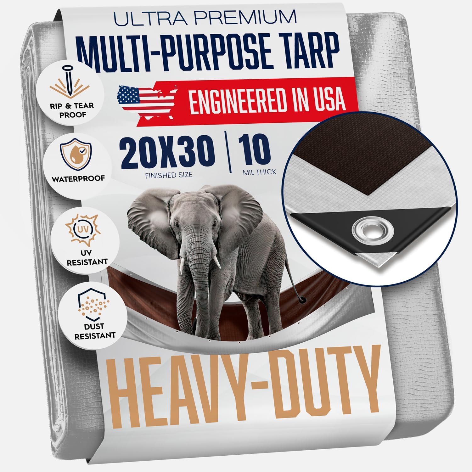 20x30 Heavy Duty Tarp, 10 Mil Thick, Waterproof, Tear & Fade Resistant, High Durability, UV Treated, Grommets Every 18 Inches. (Silver/Brown - Reversible) (20x30 Feet)