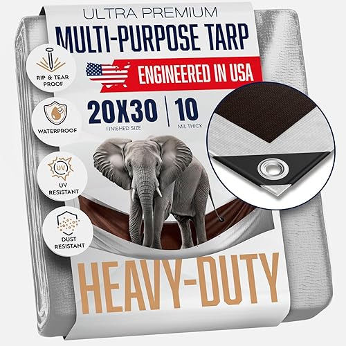 20x30 Heavy Duty Tarp, 10 Mil Thick, Waterproof, Tear & Fade Resistant, High Durability, UV Treated, Grommets Every 18 Inches. (Silver/Brown - Reversible) (20x30 Feet)