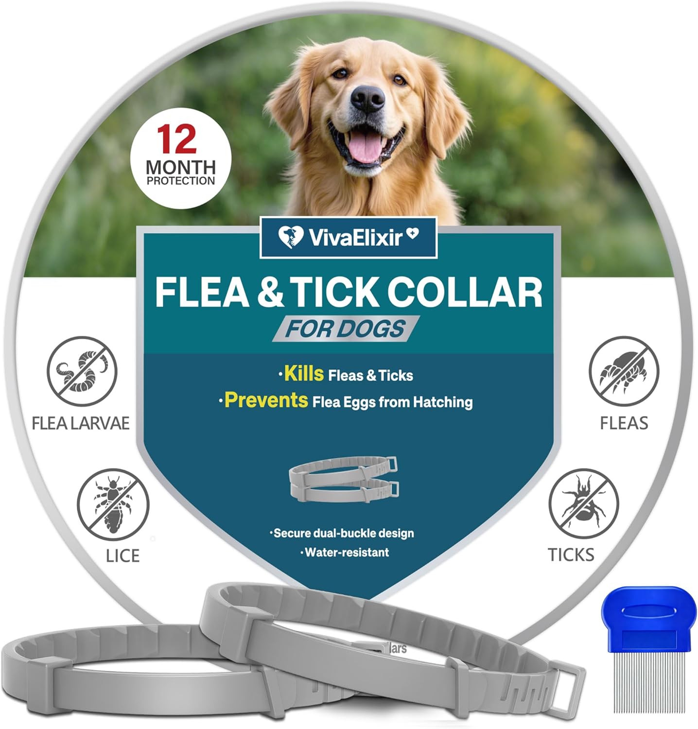 Flea Collars for Dogs, Dog Flea &amp; Tick Control Flea Collar 12 Months Protection, Waterproof Dog Flea Collar, Flea Prevention for Dogs with Comb and Prevention Treatment Drop, 2Pack