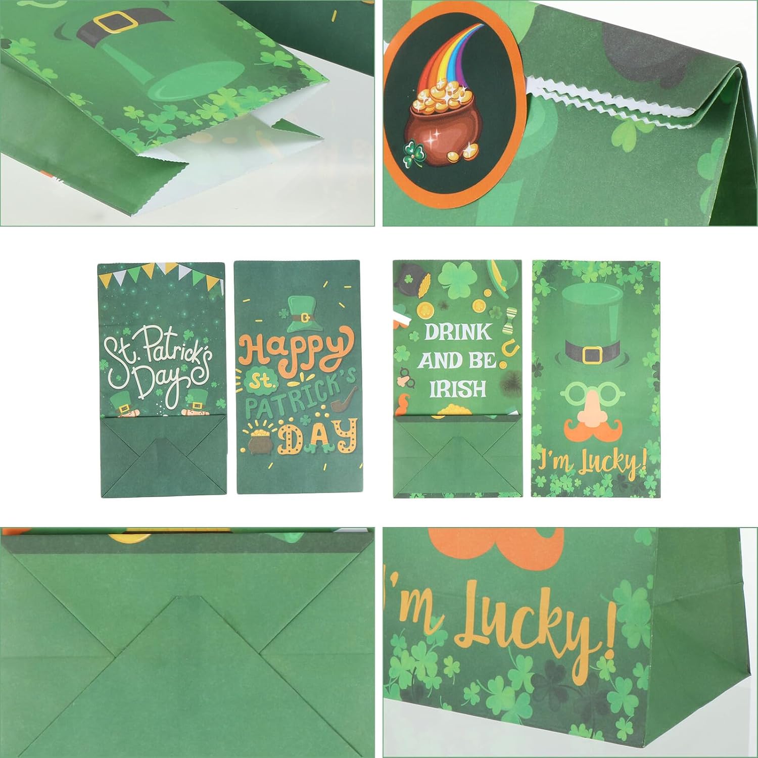 St Patrick’s Day Paper Candy Bags Set with 12 Sealing Stickers, Food Storage Pouches for Party Treats and Cookie Wrapping, Portable Baking Paper Bags for Holiday Packaging