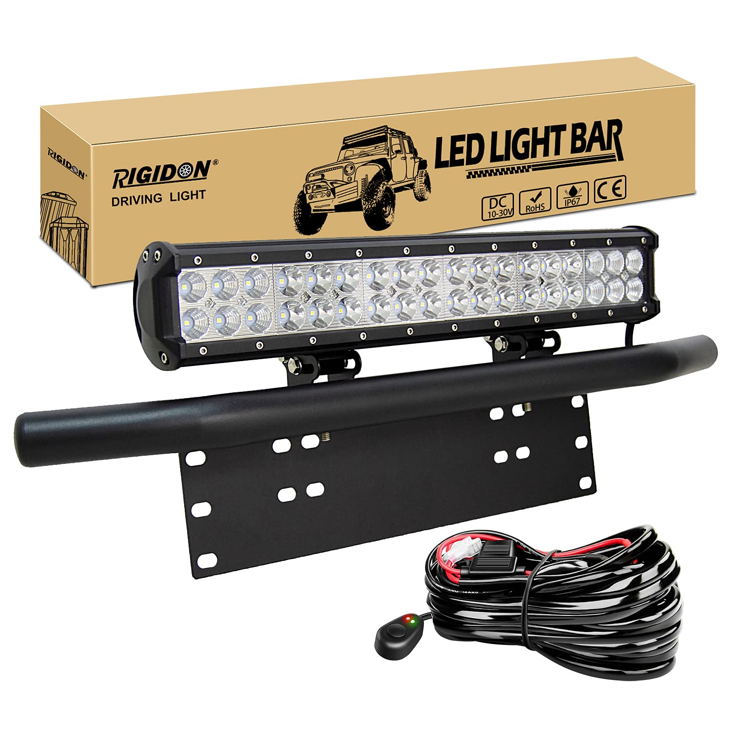 RIGIDON Listwa oświetleniowa LED 45,7 cm 108 W z uchwytem montażowym tablicy rejestracyjnej, 12 V, zestaw przewodów, światła do jazdy terenowej, ciężarówki, SUV-ów, 4 x 4, 6000 K białe oświetlenie samochodu