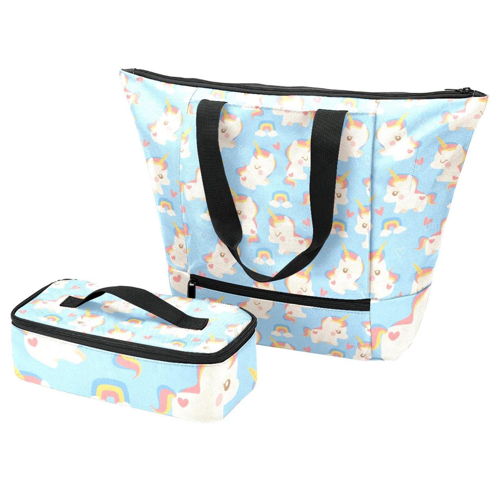 Tragetasche + Lunchbox Einhorn & Regenbogen Handtaschen + Isoliertaschen für Reisen, Arbeit, Schule, mehrfarbig, One Size