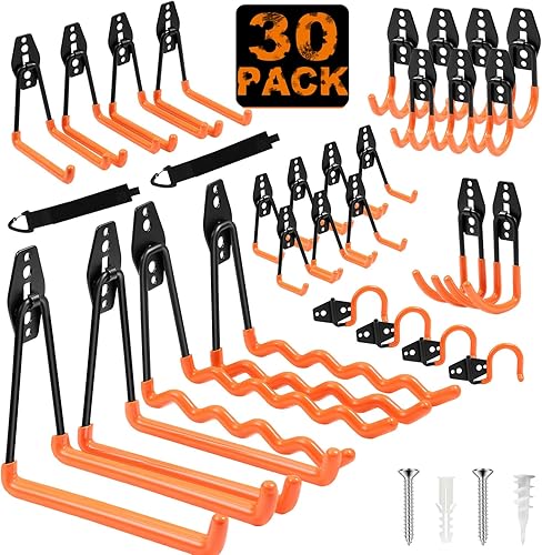 Paquete de 12 ganchos de garaje dobles resistentes con 2 correas de almacenamiento de cable de extensión, regalos para papá, regalos de herramientas