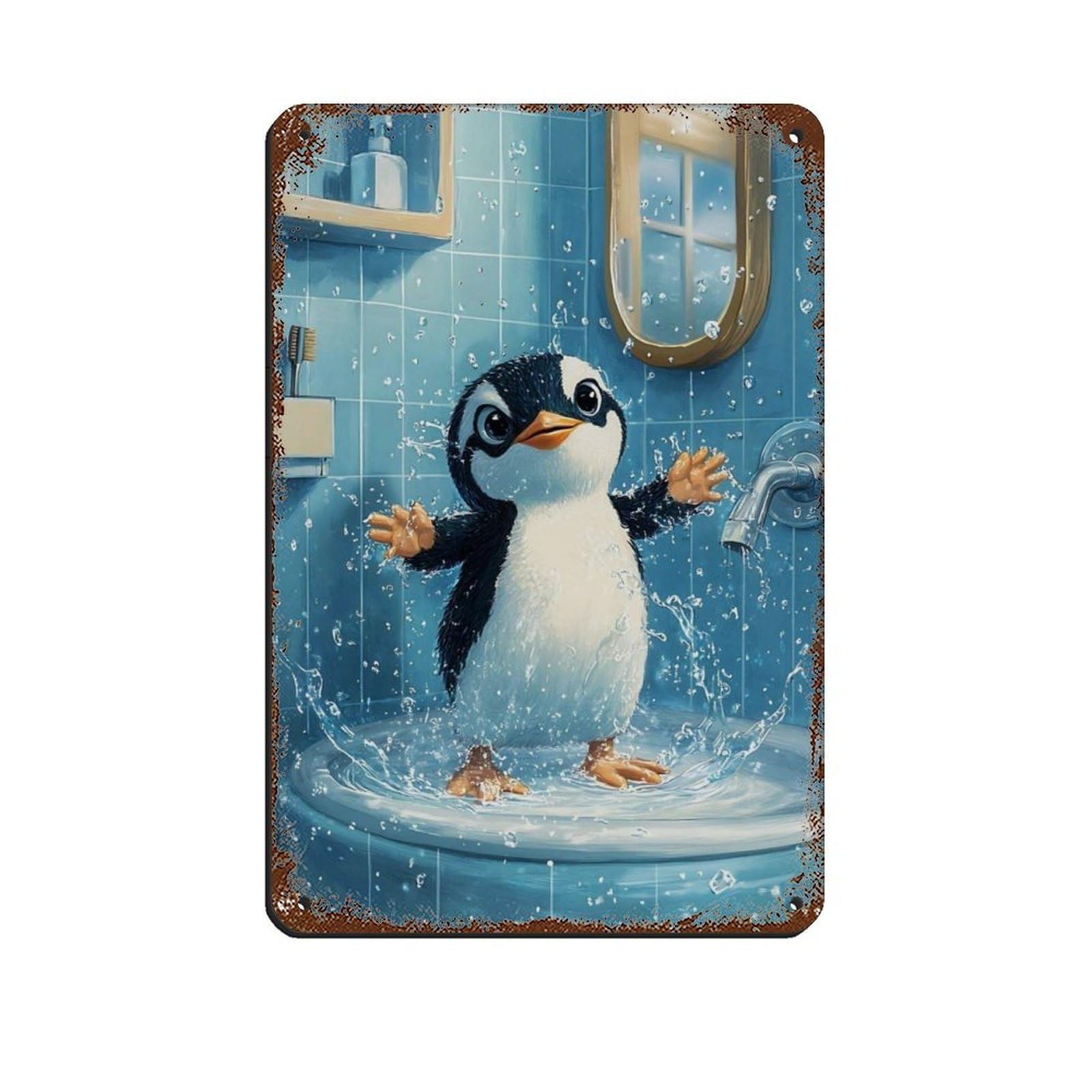Cute Penguin Splashing in Bathtub Tin Sign Vintage Metal Pub Club Cafe Bar Home Wall Art Decoration Poster Retro 8x12inch(20x30cm)