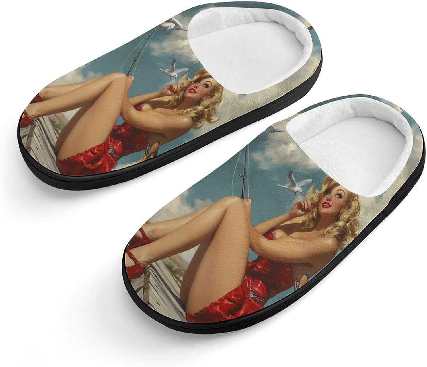 Pinup Girl with Fishing Pole Cotton Slippers for Girls Boys Warm House Shoes for Home Travel