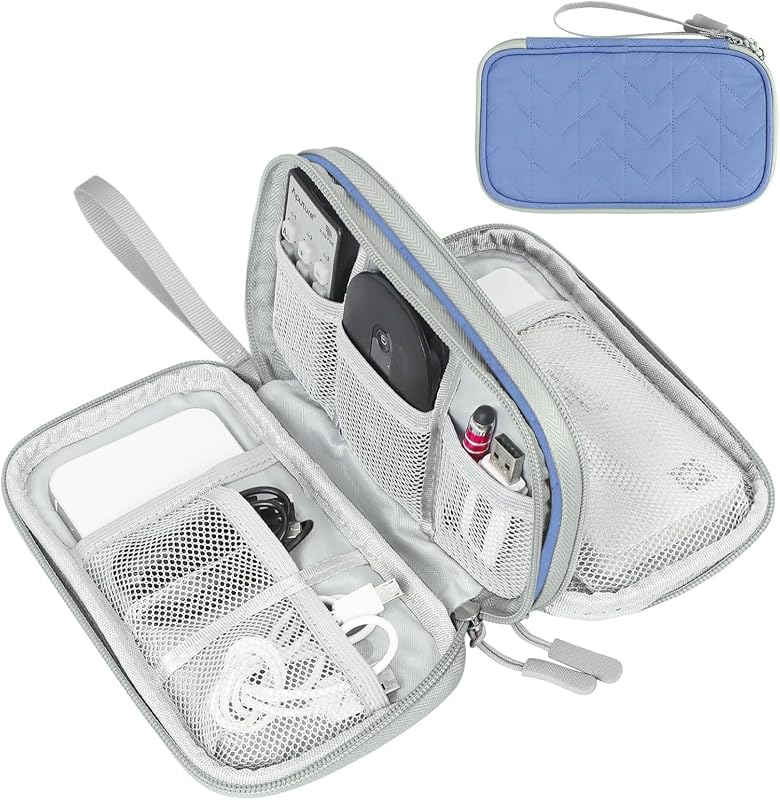 FYY Organizador electrónico, bolsa Travel Tech, organizador de cables azul acolchado | Correa para la muñeca, resistente al agua, estuche portátil de viaje para dispositivos electrónicos de doble capa para cable, cargador, uso diario en viajes de negocios
