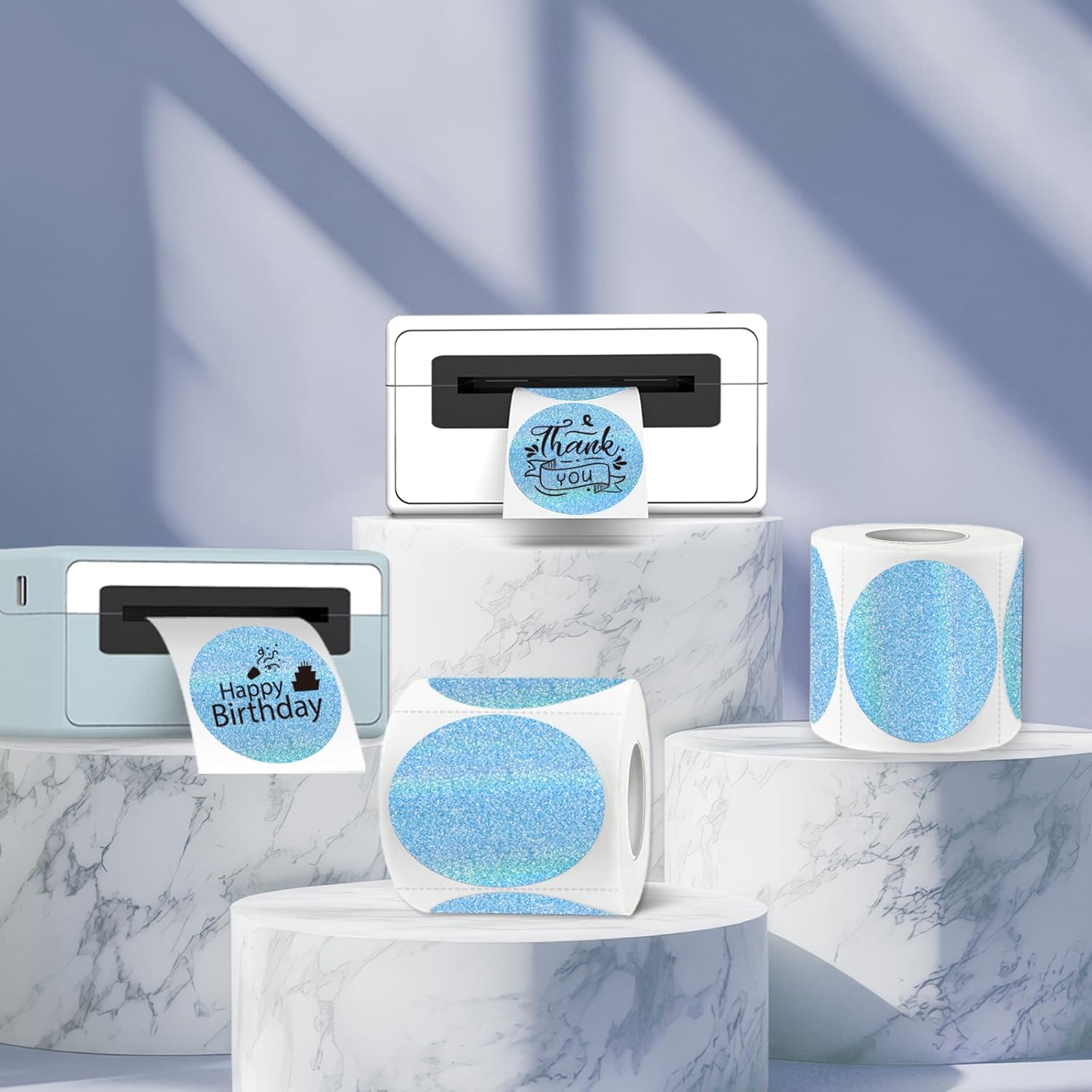 3 Inch Holographic Thermal Labels,Round Thermal Printer Labels,Waterproof Thermal Printer Stickers for DIY Logo Design,Name Tag,QR Code,Thanks Card 150 Labels/Roll (Blue dots) - Image 4