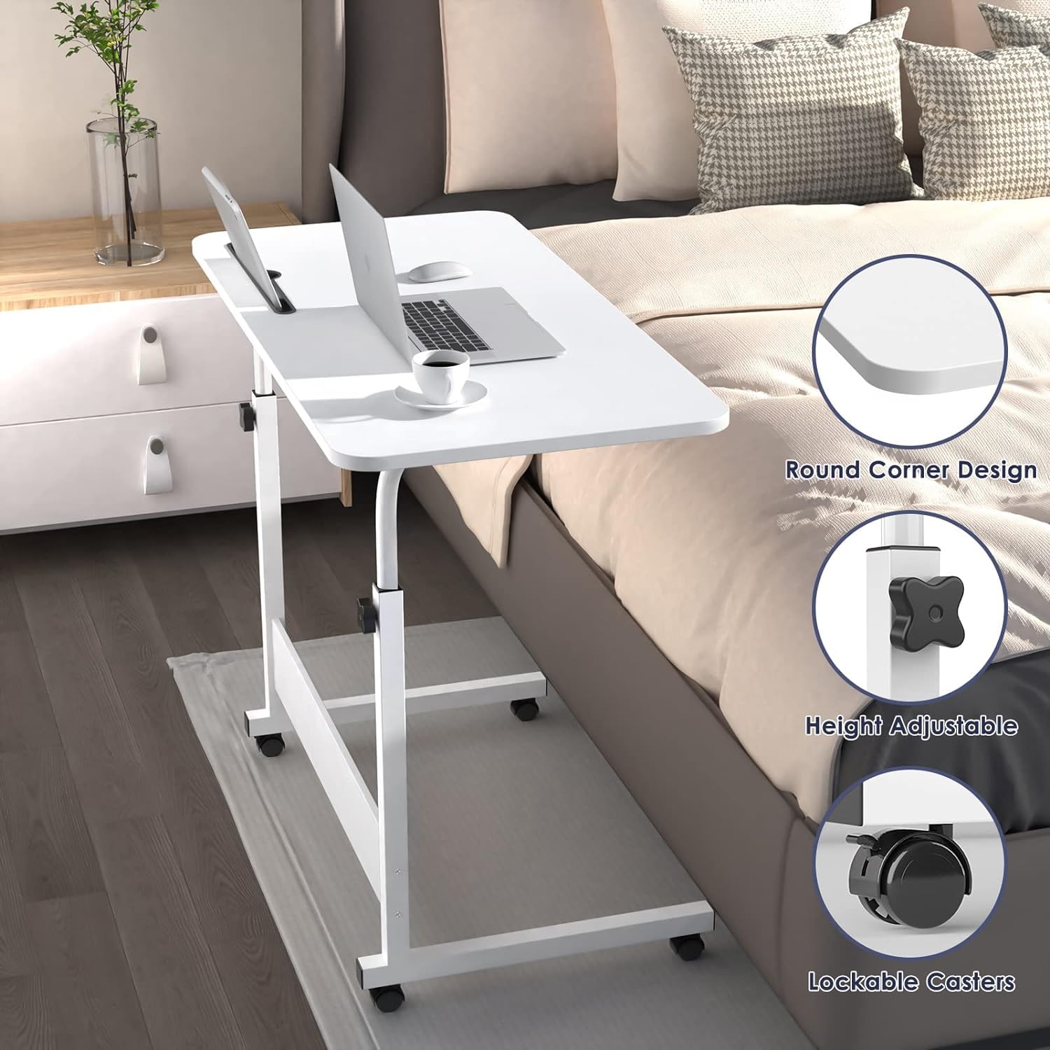 Comodino Con Rotelle Regolabile 80x40cm - Tavolo Laptop Da Camera Giallo, Altezza 69-89cm - Foto 2