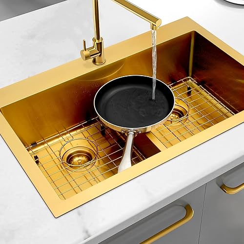 Vista 50 de LQS Fregadero de cocina dorado de 31 pulgadas, fregadero de cocina de acero inoxidable 50/50 de 31 x 18 pulgadas, fregadero de cocina de acero