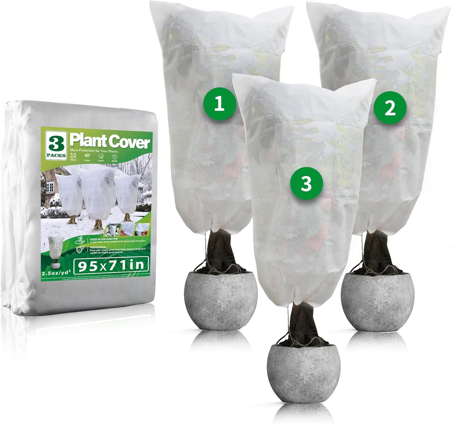 Avalution Plant Covers Freeze Protection, 3 Packs Frost Cloths for Outdoor Plants, 95″ X71″ Reusable Frost Blankets, 2.2oz Tree Cover Freeze Protection Drawstring Bags for Potted Shrub