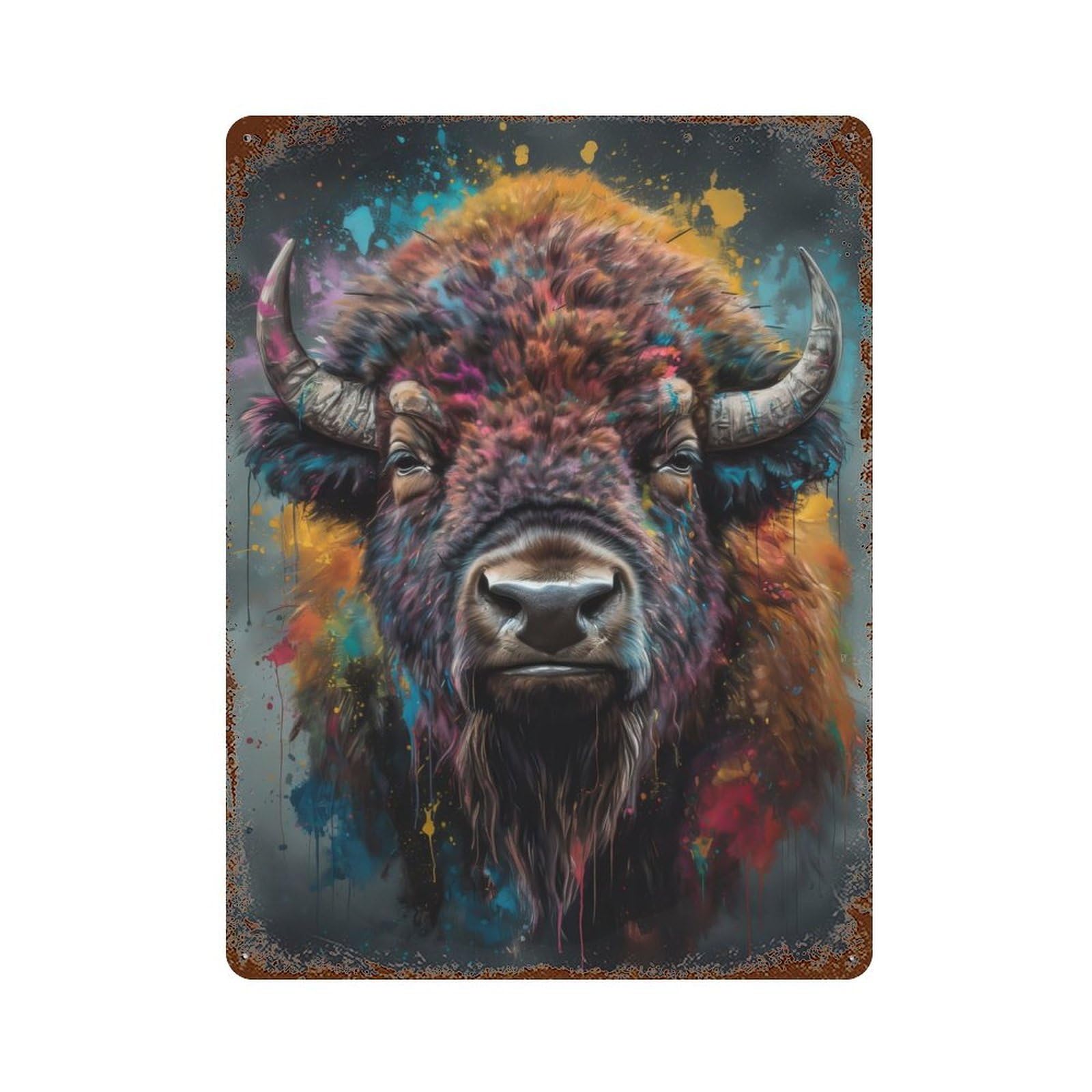 Bison Painting Rust Effect Tin Sign 15.7"x11.8", Rustic Home Decor for Cafe, Home Bar And Lounge Decor
