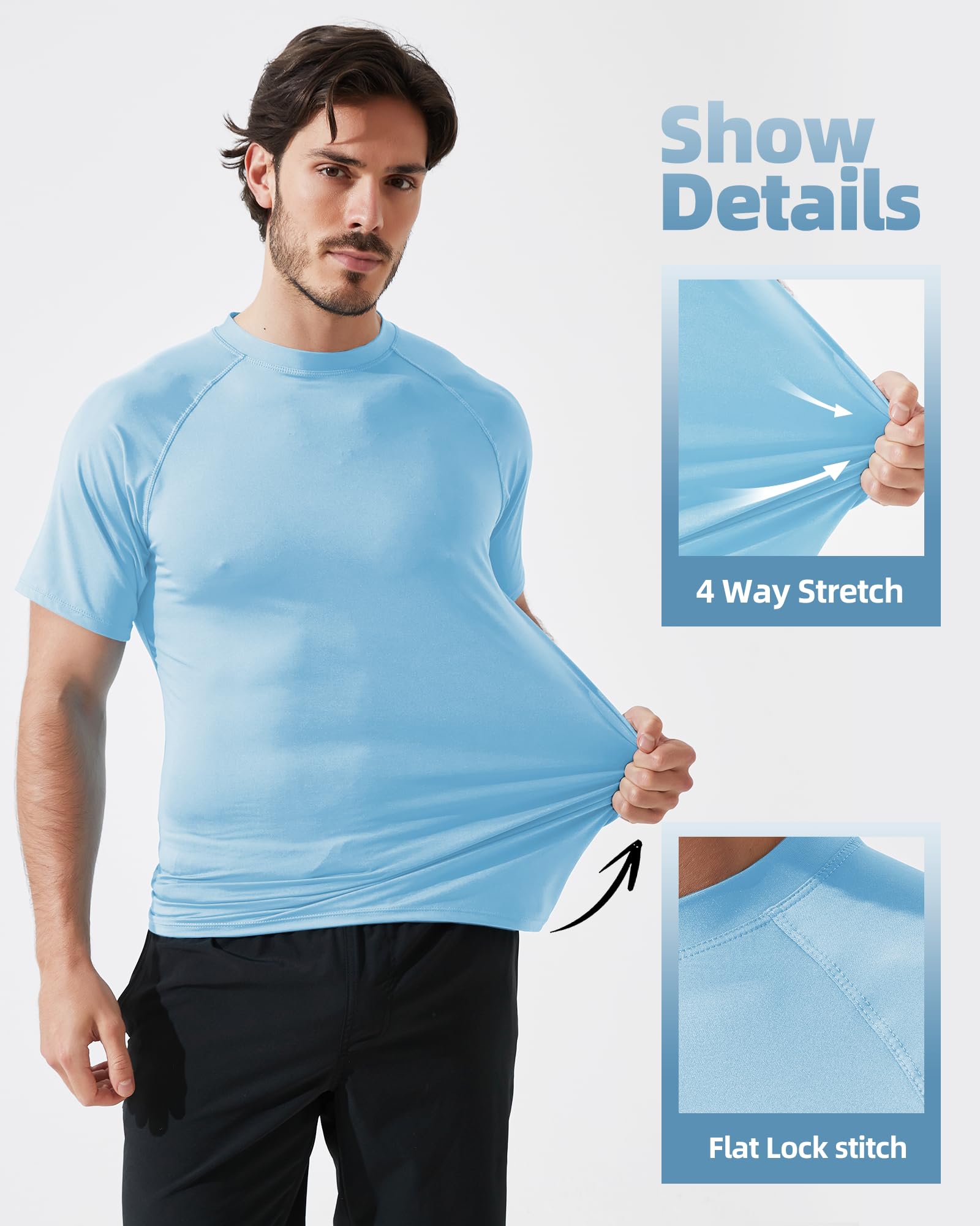 Arcweg Camiseta Hombres Mangas Cortas Rash Guard de Protección UPF 50＋Secado Rápido Deportes Acuáticos Surf Natación Verano Negro y Azul Cobalto