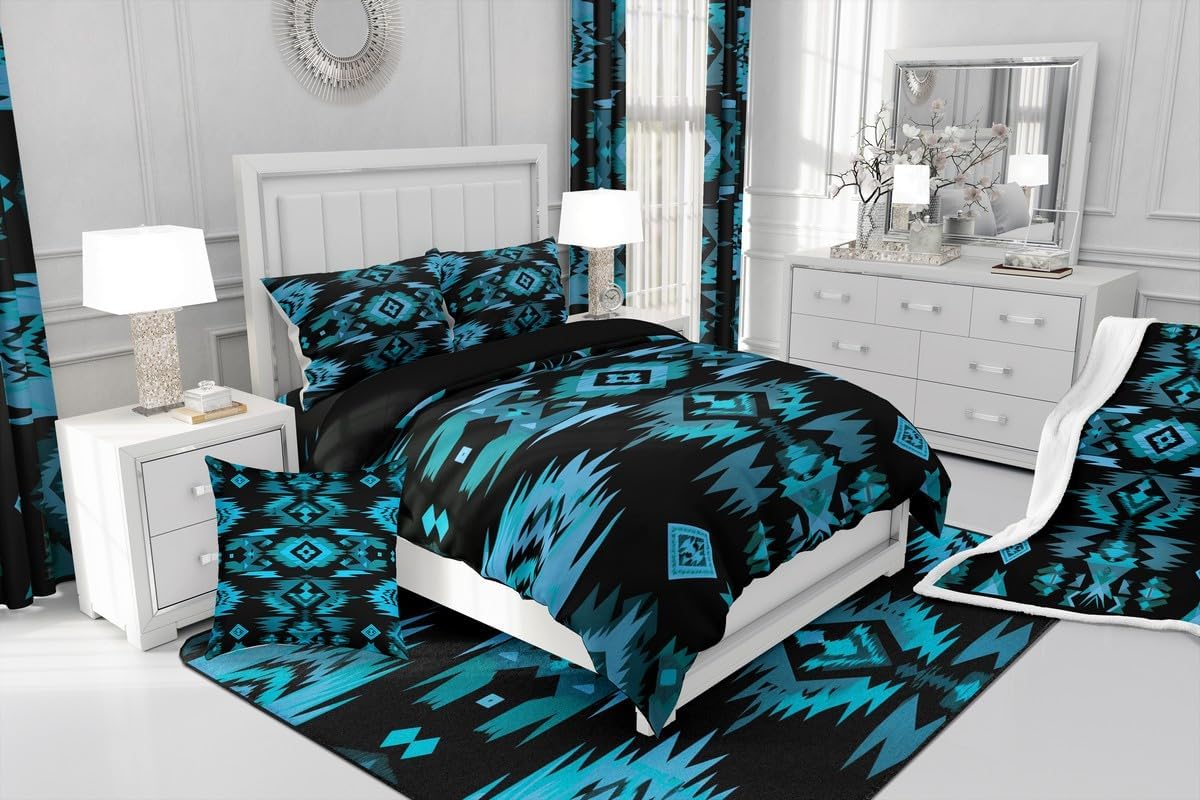 Feelyou Blue Black Southwestern Sherpa Blanket,Tribal Native American Indian Fleece Throw Blanket,Kids Room Decor,Exotic Style Plush Blanket,Farmhouse Western Fuzzy Blanket for Sofa Bed Couch 90"x90" - Image 5