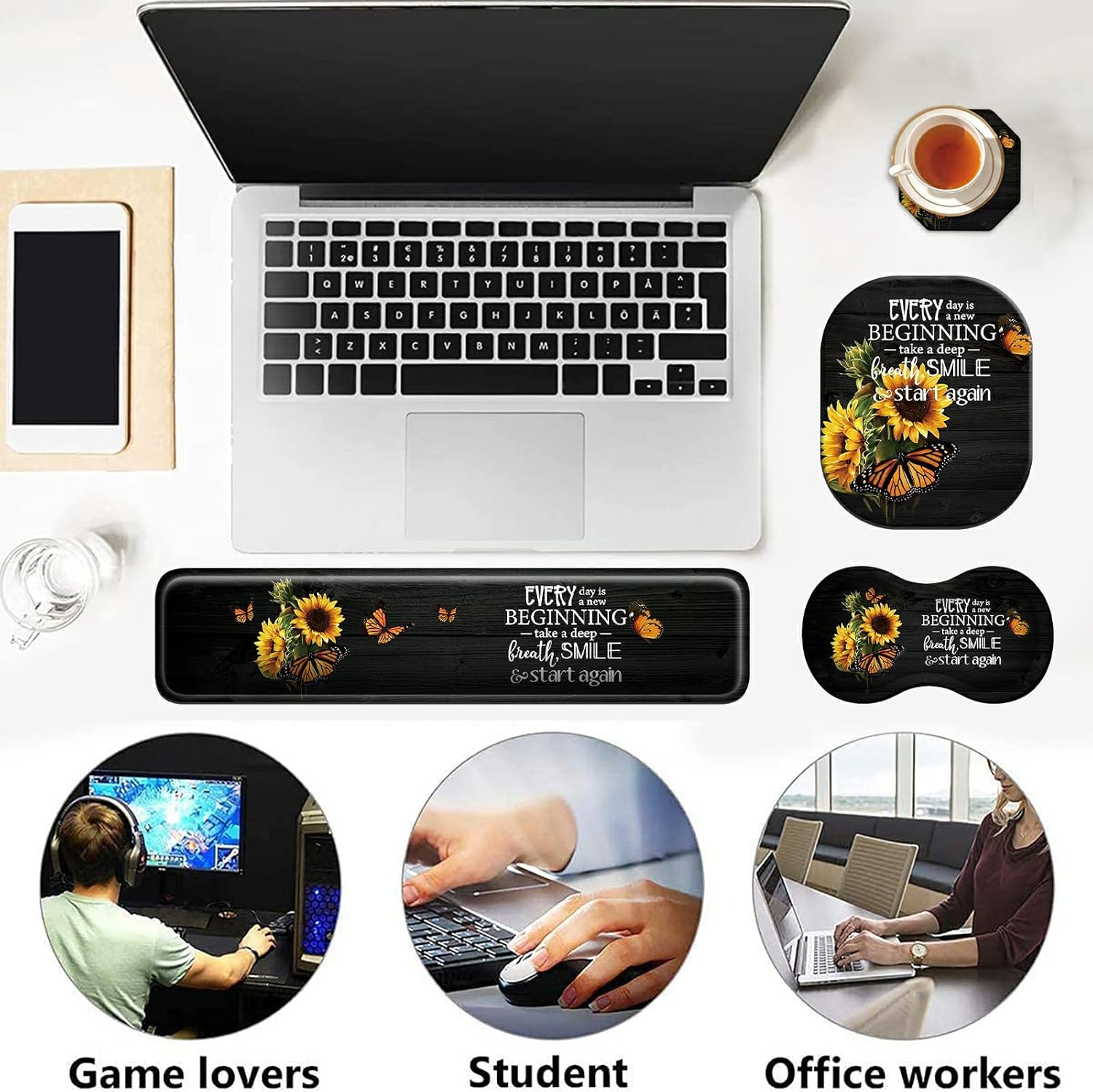 Sunflower Keyboard Wrist Rest Pad + Small Mouse Pad + Wrist Rest Pad + Cup Coaster Set, Inspirational Quotes Ergonomic Wrist Rest Support Gel Pad, Pain Relief Memory Foam Set for Gaming, Office
