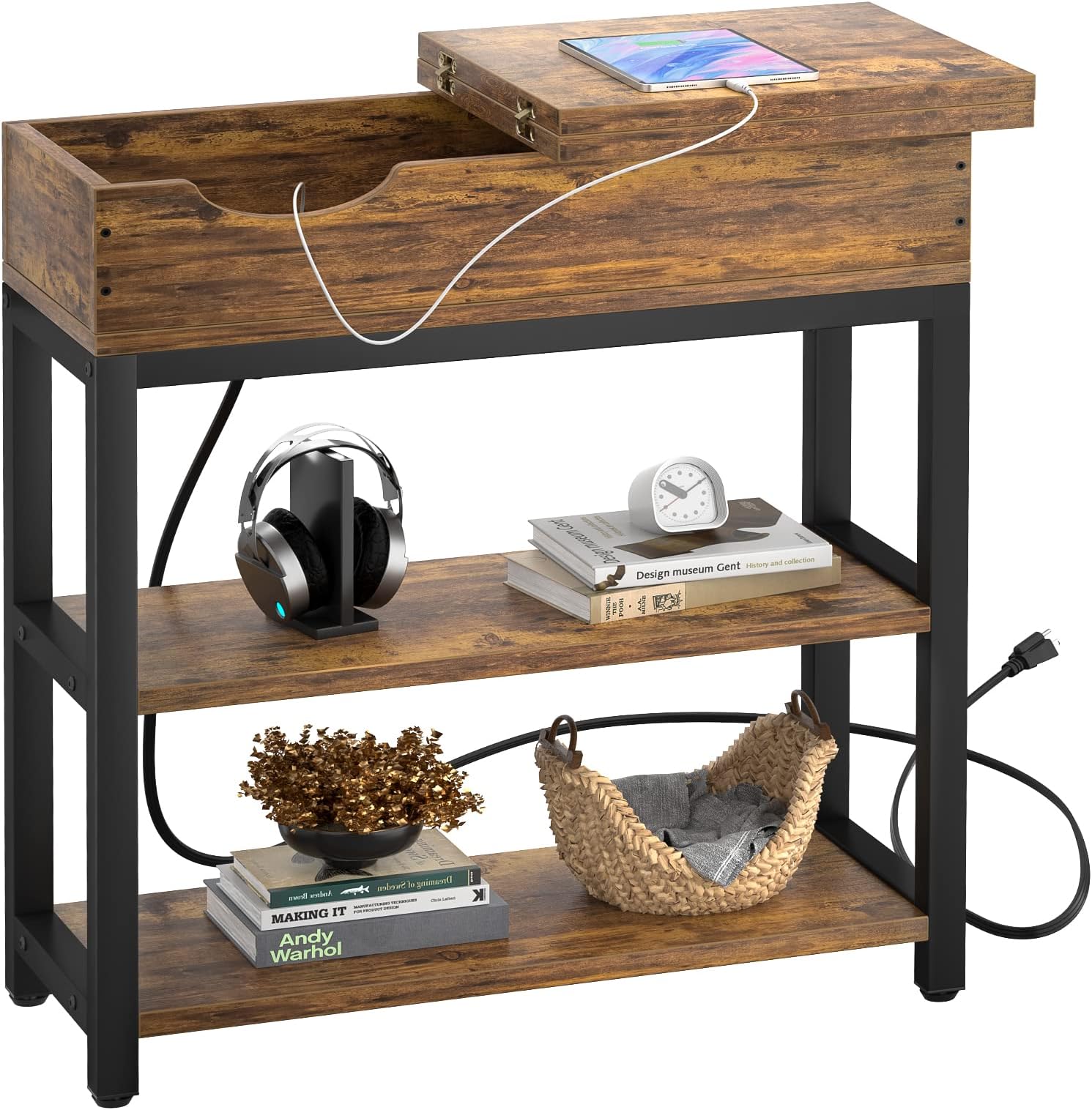 Aheaplus End Table with Charging Station, Sofa Side Table with USB Port and Outlet, Narrow Bedside Nightstand with Storage Shelves, Slim Side Table Flip Top for Small Space,1 Pack,Rustic Brown
