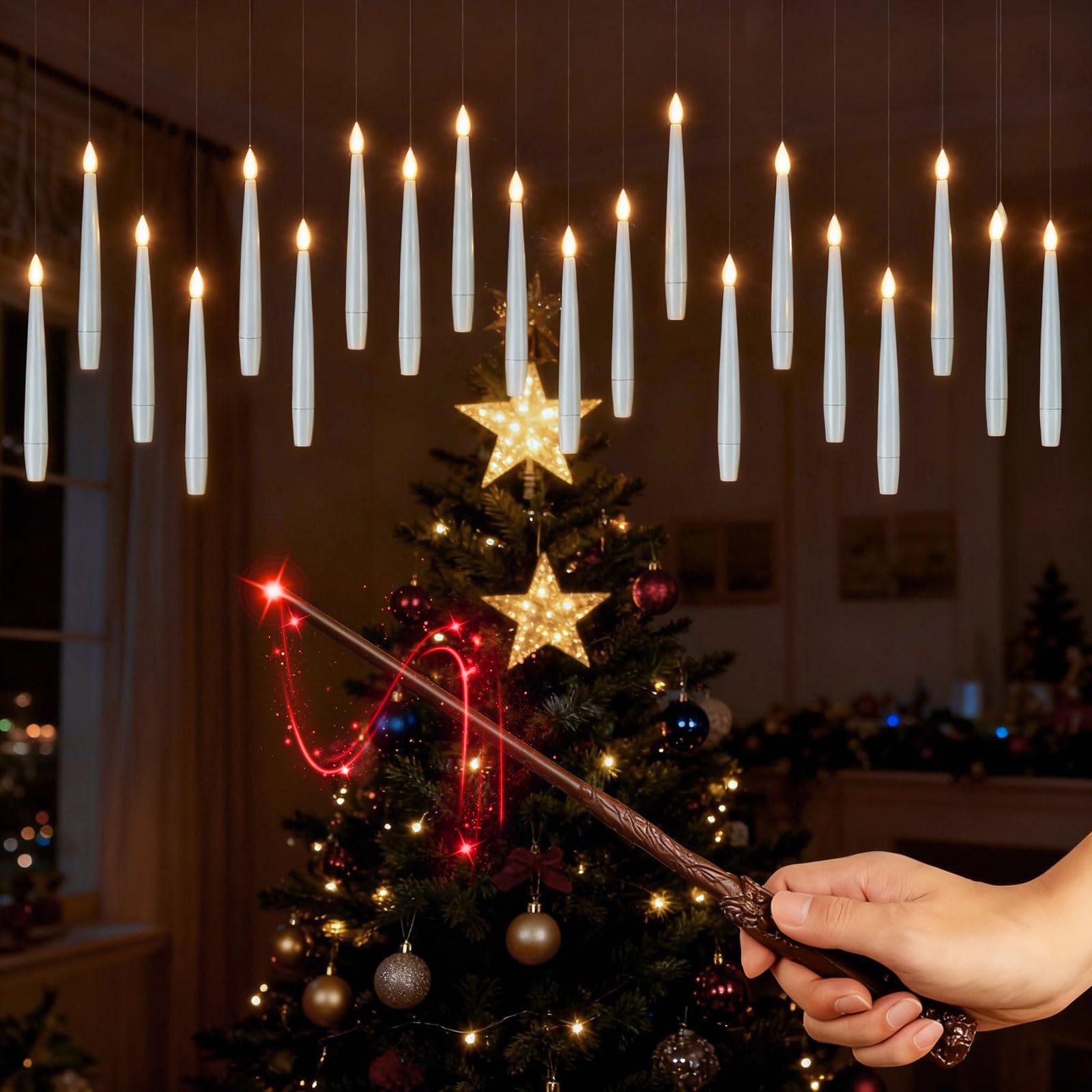 ERWEY Schwebende Kerzen 20 Stück, Flammenlose Kerzen mit Zauberstab, Hängende Fliegende Kerzen Floating Candles Geschenke für Party Hochzeit Weihnachten Dekoration
