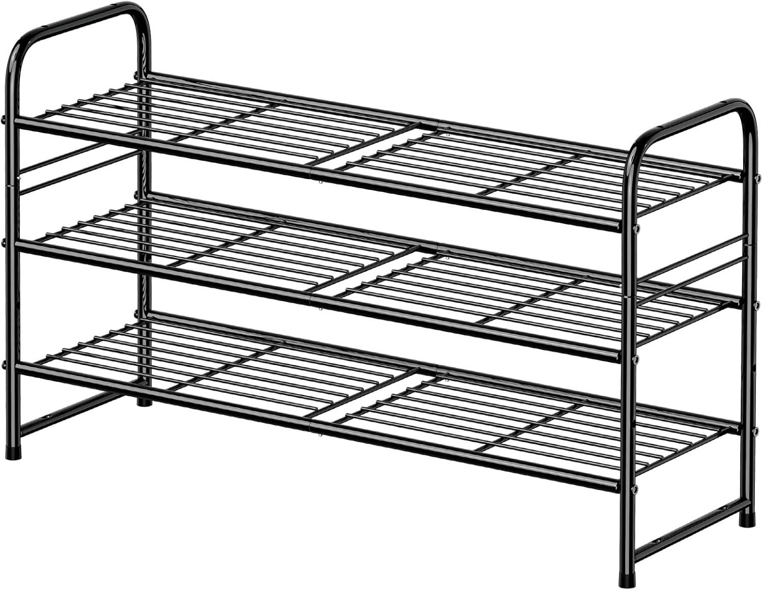 Shoe Rack, 3 Tier Metal Shoe Shelf Organizer for Entryway, Floor, Stackable & Height-Adjustable, Black