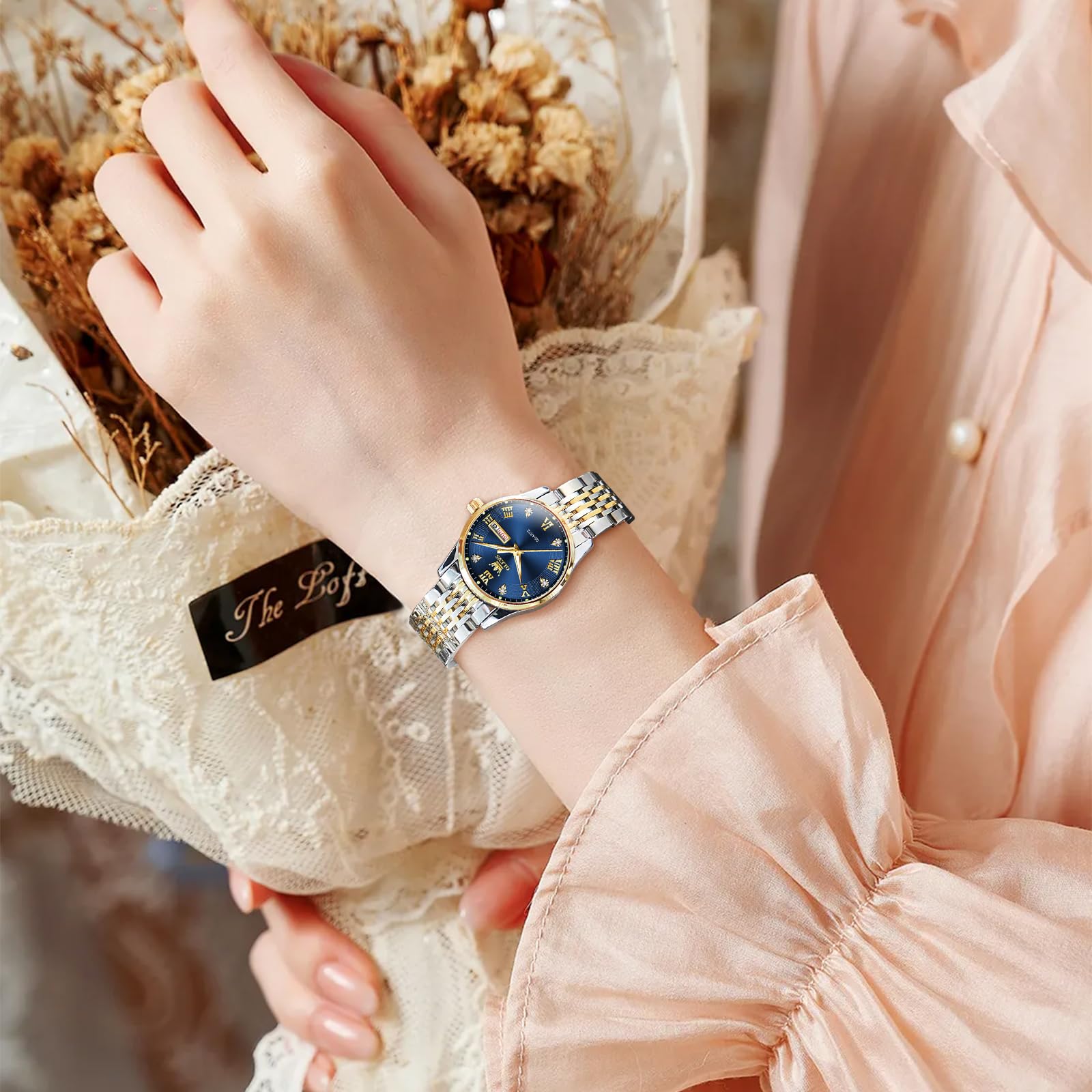OLEVS Damen Uhr, Klassische wasserdichte Edelstahl Tagesdatum Kleine Armbanduhr Damen, Eleganze Rundes Zifferblatt Analog Quarz Leuchtende Damenuhr