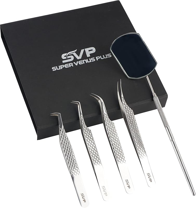SUPER VENUS Kit com 5 pinças para extensão de cílios e espelho, aço inoxidável, prata