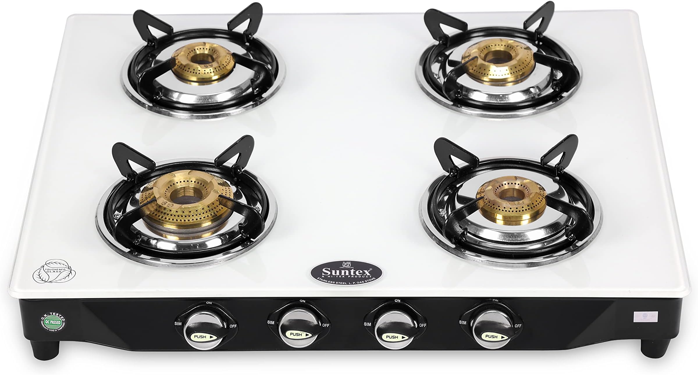 Suntex Glass 4 Burner with Sturdy Pan Support, Responsive Knob, Gas Inlet Pipe, Anti-Skid Feet, Manual Ignition & LPG Gas Stove, (ISI Certified, 24 Months Warranty, Coral Super White)