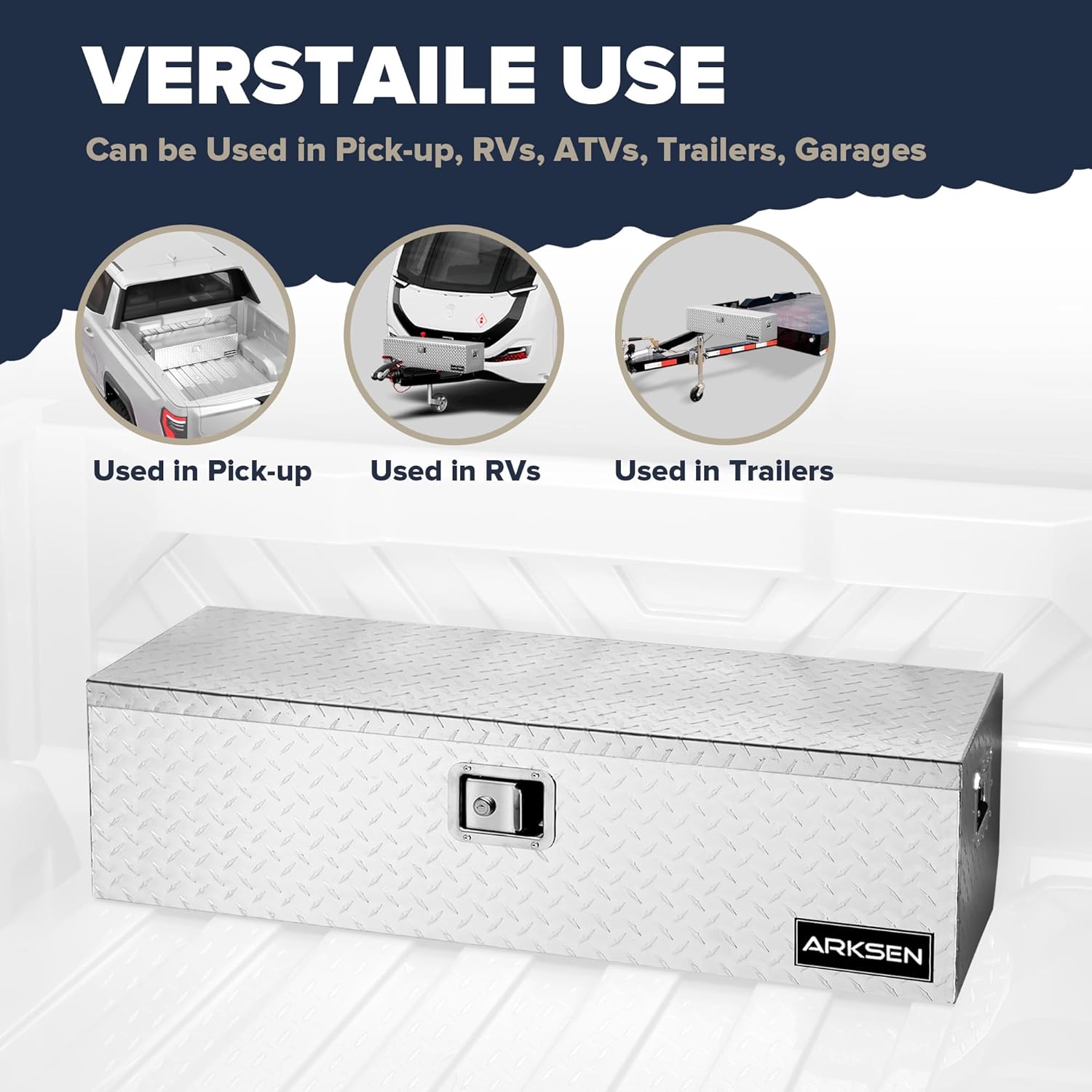 ARKSEN 39 x 13 x 10 Inch Diamond Plate Truck Bed Tool Box, Heavy Duty Waterproof Aluminum Toolboxes Storage Chest with Side Handle & Lock for Pickup Truck Bed, RV & Trailer – Silver