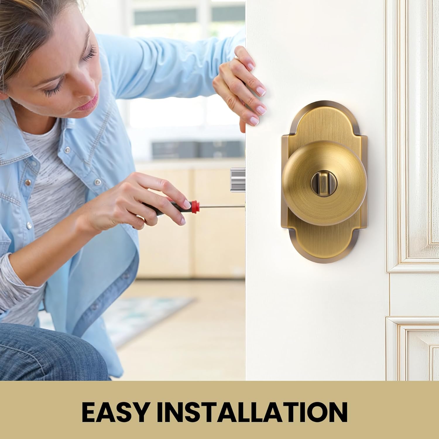 Keyed Alike Entry Door Knobs with Lock and Key, Antique Brass Door Knob Interior Entrance Door Lockset for for Front Door and Bedroom