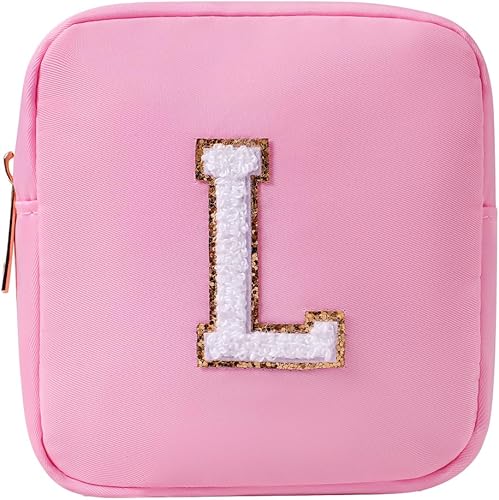 Miniatura 1 de Bonita bolsa de maquillaje rosa con inicial, regalo de cumpleaños con monograma para mujeres y niñas, bolsa de cosméticos de chenilla con