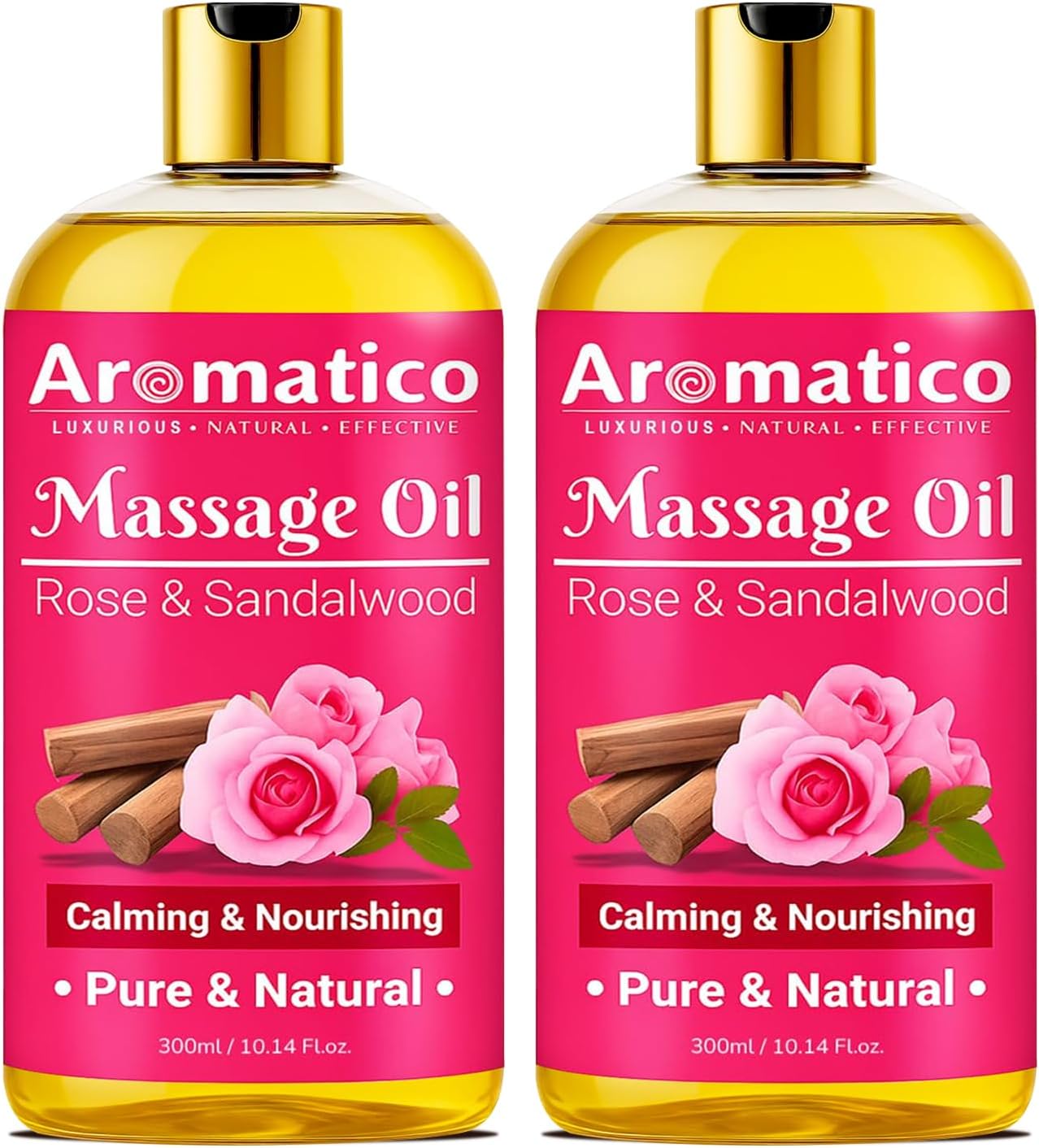 AROMATICO Rose Sandalwood Massage Oil Pack of 2. For Mood Upliftment, Soothing Aroma, Muscle Relaxation & Skin Nourishment, 100% Natural, Non-Sticky - 300ml.