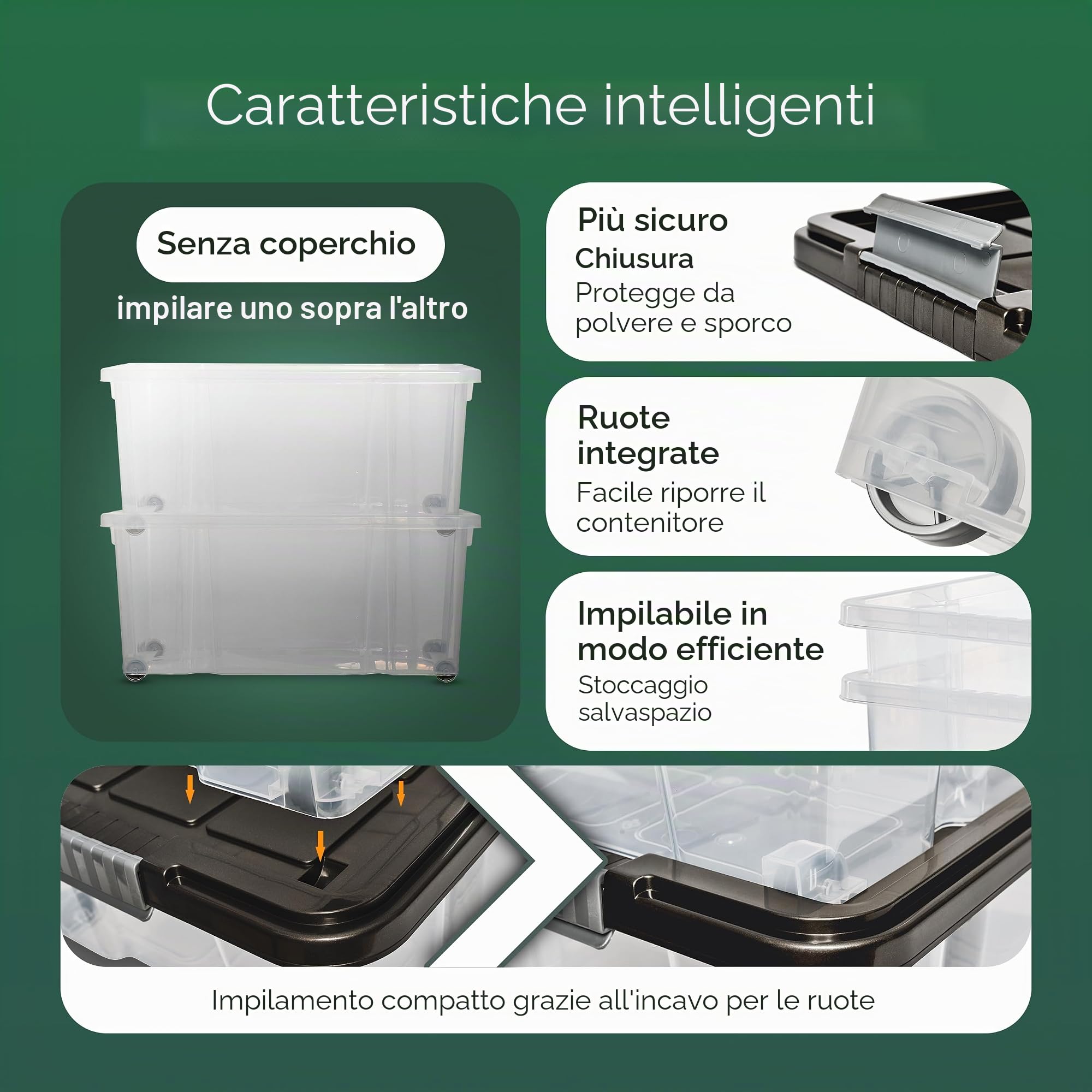 Novaliv Scatola portaoggetti XXL con coperchio, grande, 80 l, trasparente, impilabile, in plastica, con chiusura a clip, senza BPA, 61 x 40 x 45 cm