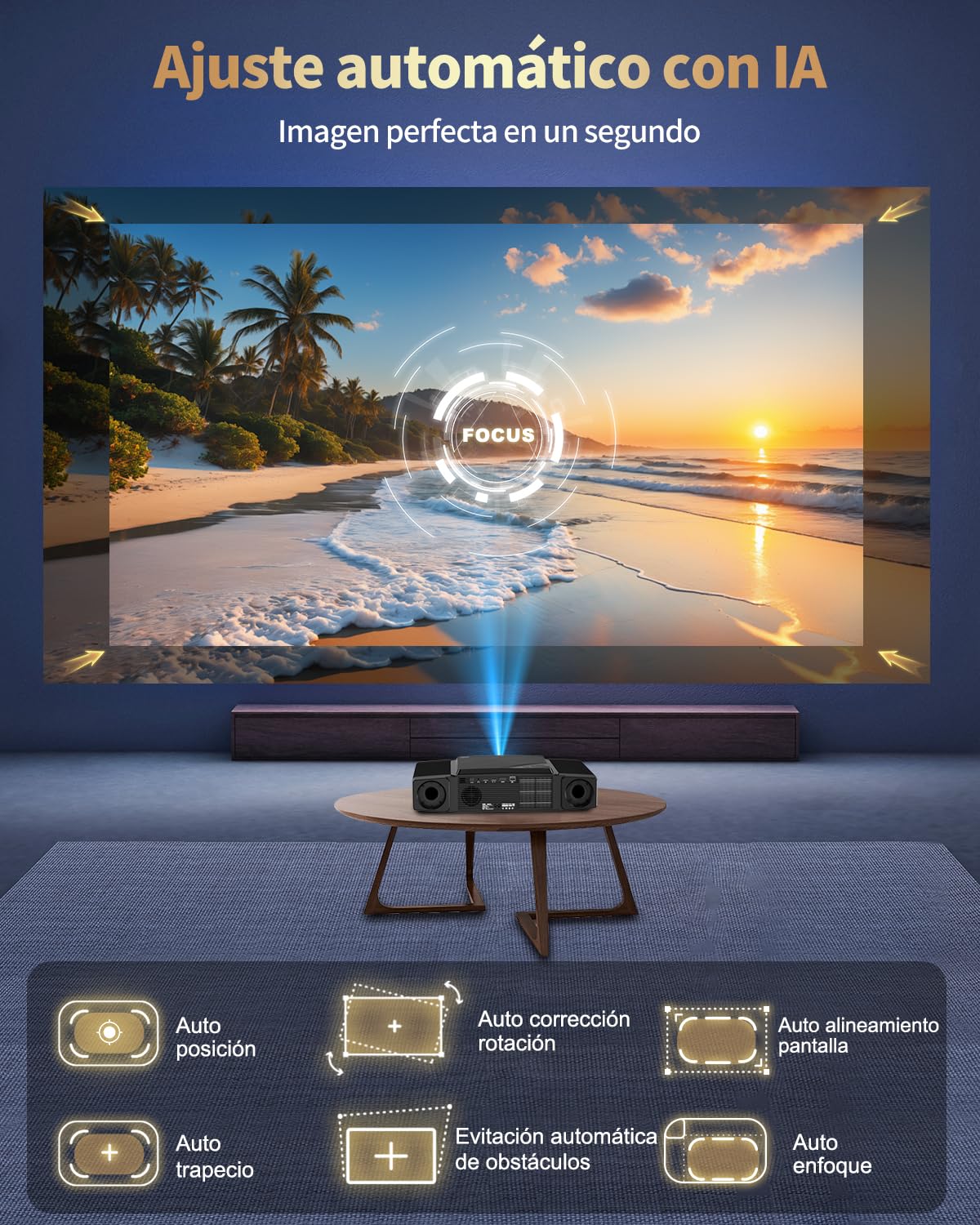 Proyector 4K Inteligente, Proyector 4K 2500 ANSI Exterior/jardín/Cine en casa, 1080P Nativo HDMI con Soporte eléctrico Oculto, Auto Focus/Keystone, WiFi 6, Bluetooth, 300" IMAX Mejorado
