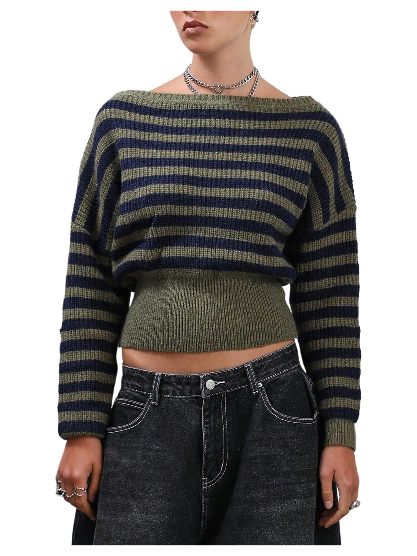 MakeMeChic Womens Striped Fall Cozy Sweater Boat Neck Long Sleeve Y2k Pullover Crop Tops