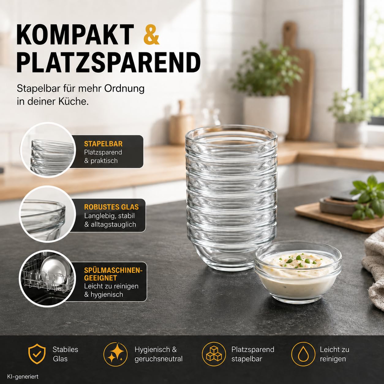 36er Set Dipschalen aus Glas Ø 9 cm – Kleine Schälchen für Saucen, Dips, Snacks, Eis & Dessert – Mini Servierschalen, Dessertschalen & Snackschalen