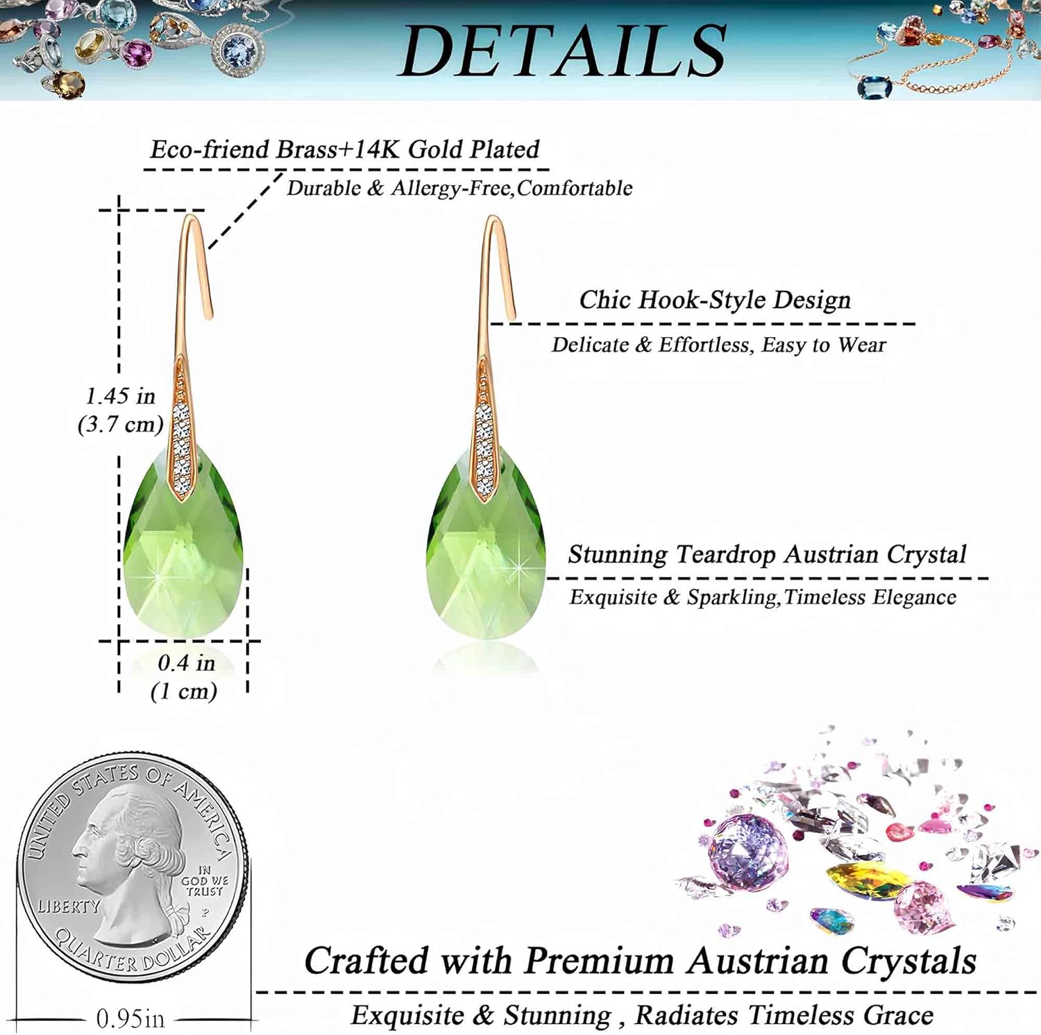 Austrian Crystal Teardrop Dangle Earrings for Women Drop Hook Earring 14K Rose Gold Plated Hypoallergenic Jewelry - Image 4