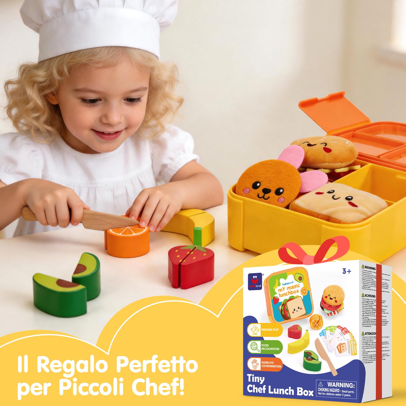hahaland Cucina Giocattolo per Bambini, 43 Pcs Set Cucina Bambini 3-5 Anni | Giochi Montessori, con Cibo, Menu & Scatola, Facile da Riporre & Trasportare, Regalo Educativo Bimbo Bimba