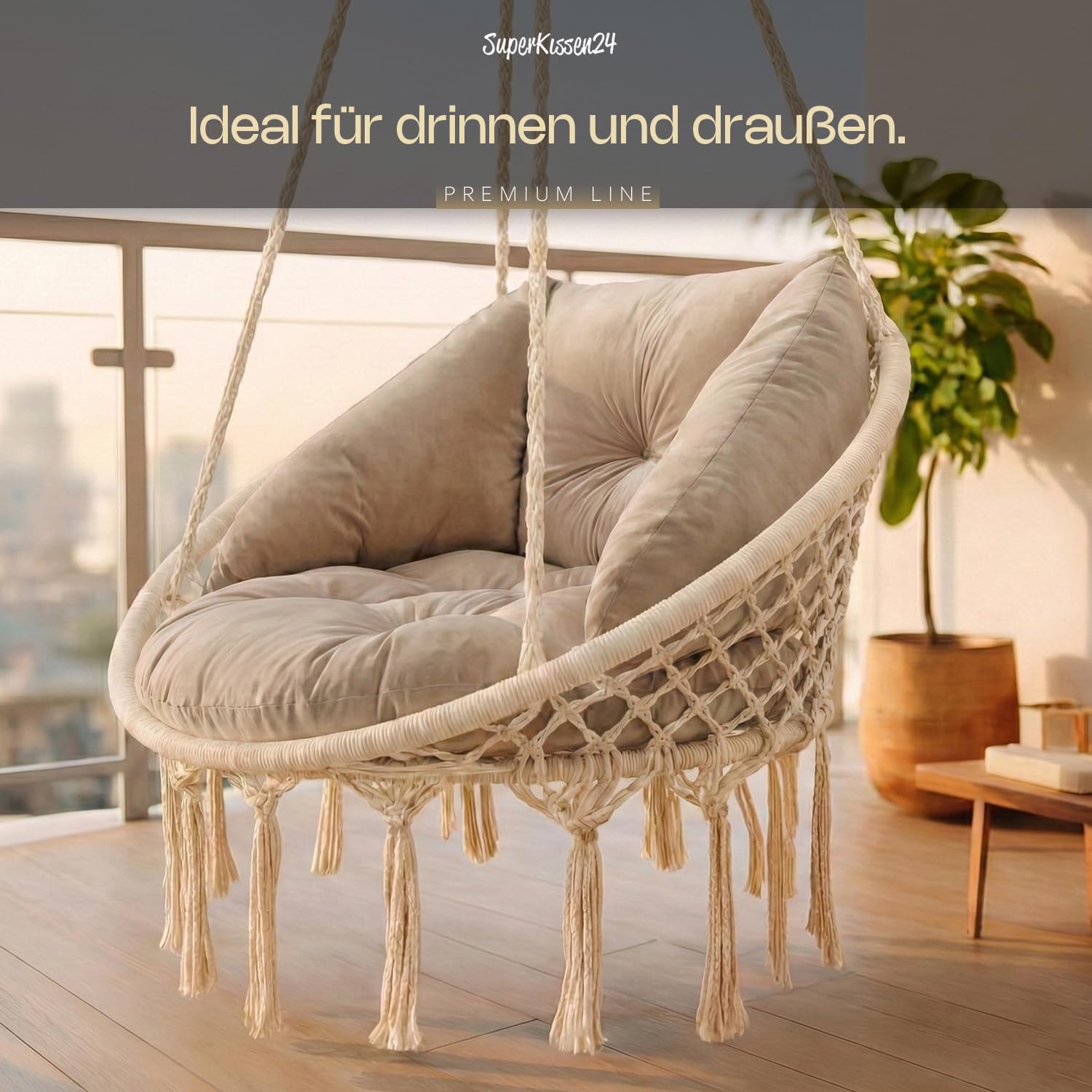 SuperKissen24. Kissen für Hängesessel, Hängestuhl - Runde Sitzkissen mit Silikonfaser - Kissen für Hängeschaukel aus Samtstoff - Hängesitz - Indoor & Outdoor - Dekokissen für Allergiker - Beige