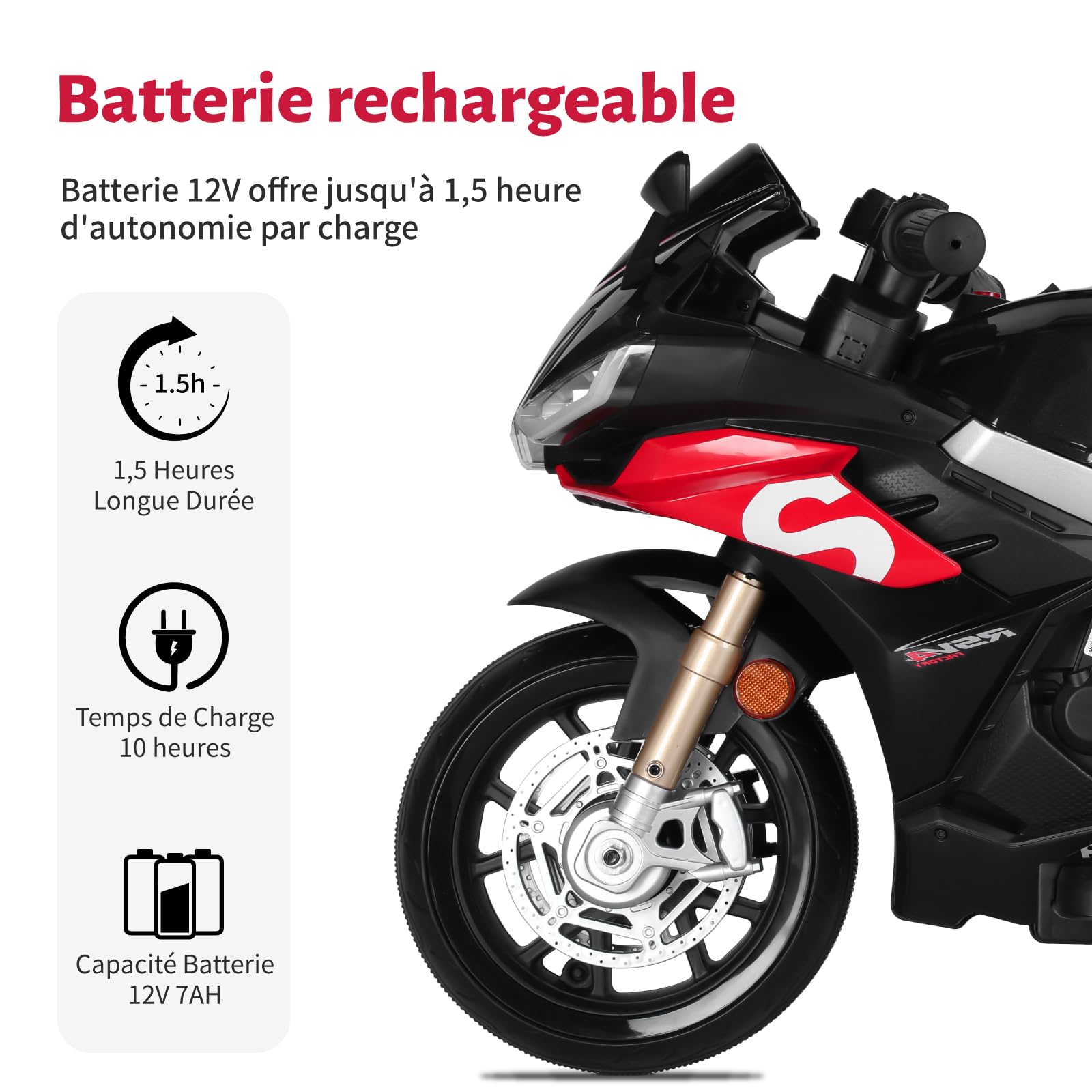 TCARAIWEN Moto Elettrica Bambini, Aprilia RSV4 Licenza Ufficiale 12V per Bimbi di 3 Anni, Mini Motorino Elettrico 102cm con Ruote di Supporto, Bluetooth, 5 km/h (Nero, Piccolo(81cm))